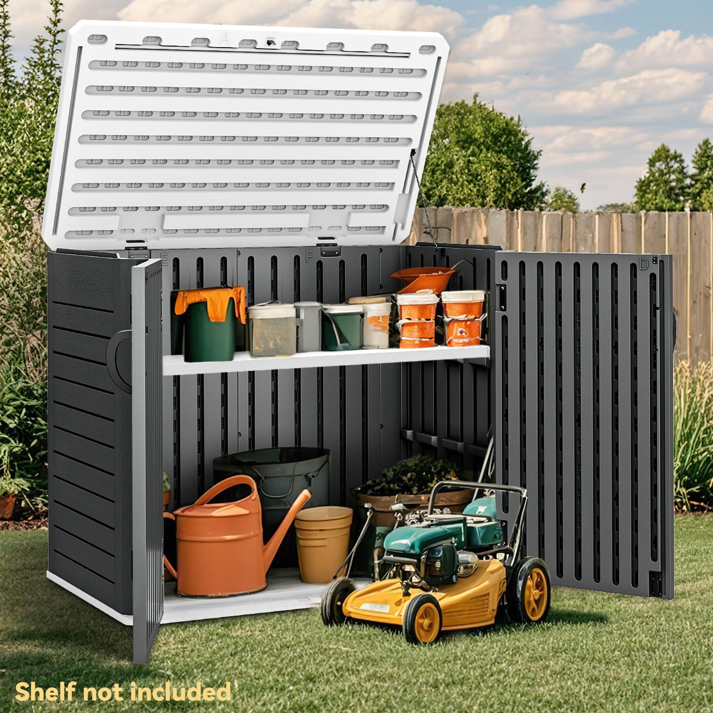 DWVO 35 Cu Ft Storage Shed with Unique X-Shaped Lockable Door, Outdoor Weatherproof Resin Shed Without Shelf for Waste Bins, Bicycles, Gardening & Lawn Equipment, Dark Gray
