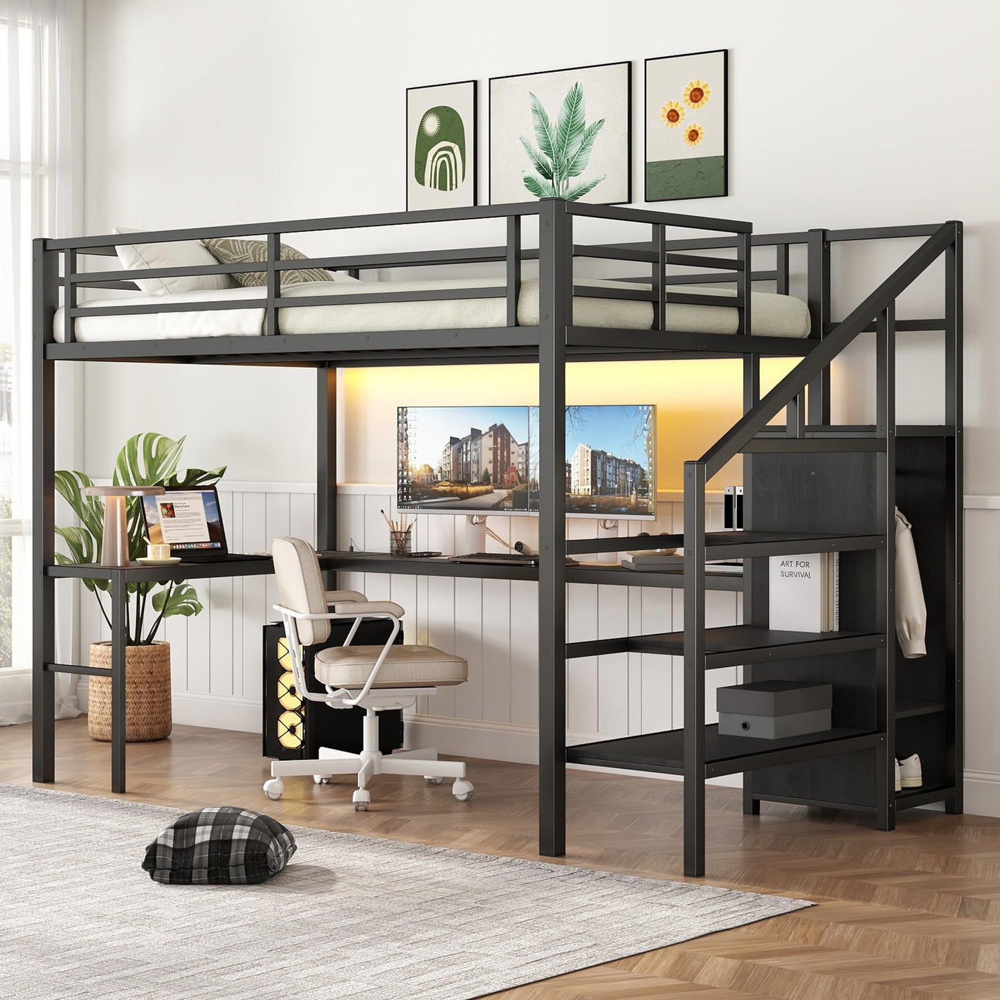 Bellemave Full Size Metal Loft Bed with L Shaped Desk and Wardrobe, Heavy Duty Loft Bed Frame with Storage Stairs, LED Loft Bed Frame with Charging Station & Safety Guardrails, Black