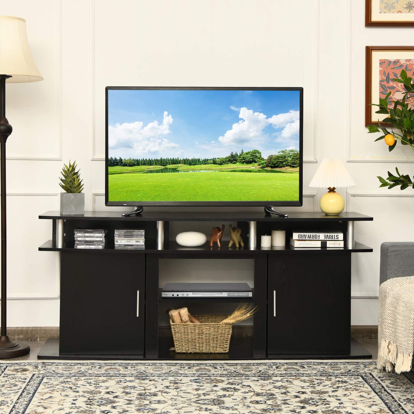 Tangkula Modern TV Stand for TVs up to 70 Inches, Living Room Console Table w/2 Cabinets & Open Shelves, Media Entertainment Center for 18 Inches Electric Fireplace (Not Included) (Black)