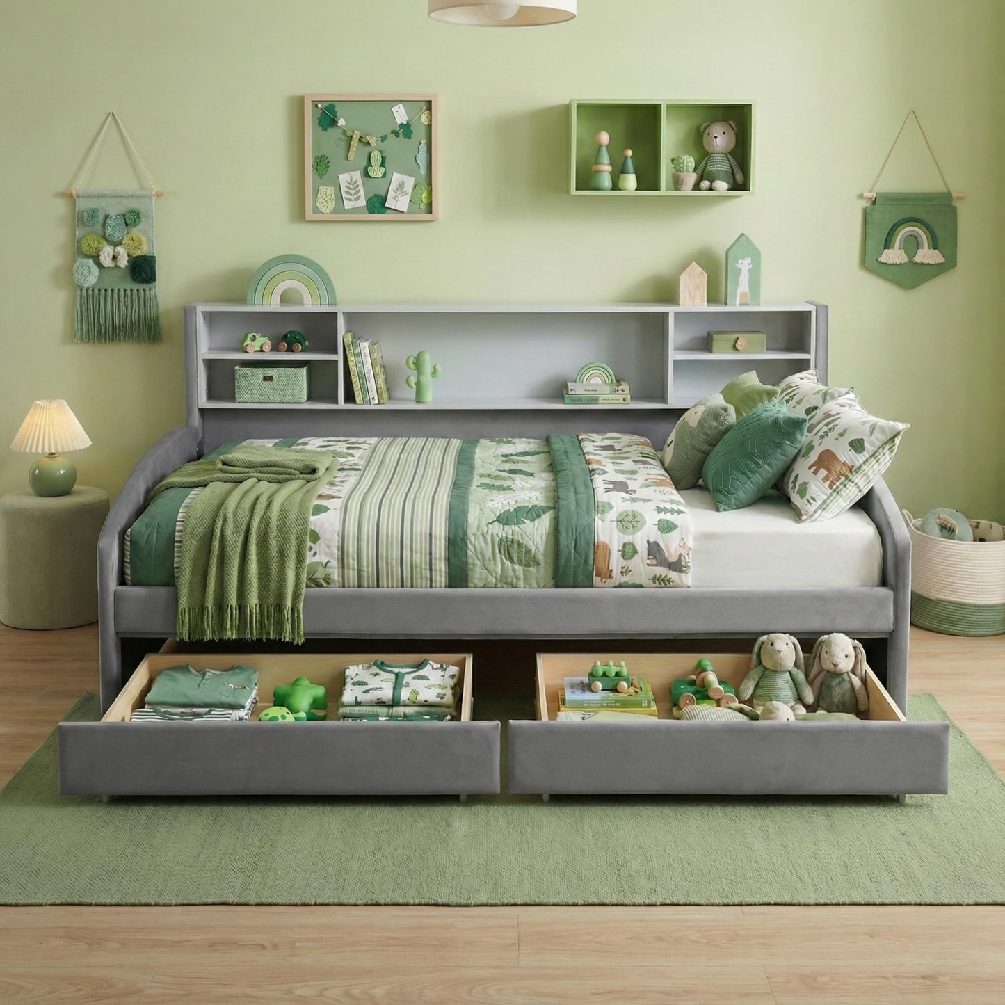 Merax Twin Size Upholstered Platform Bed with Storage and Drawers, Gray