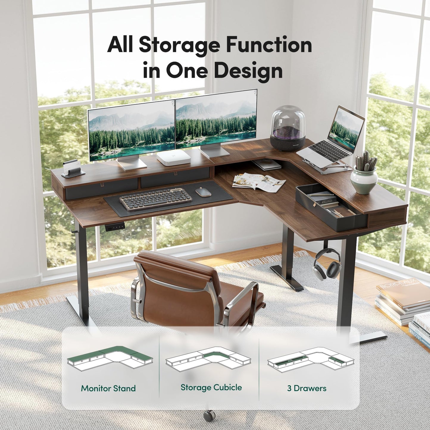 CubiCubi 63x48 Inches L Shaped Standing Desk with 3 Drawers and Monitor Shelf, Height Adjustable Corner Computer Desk with Hooks, Sit Stand Up Ergonomic Home Office Workstation Table, Deep Walnut