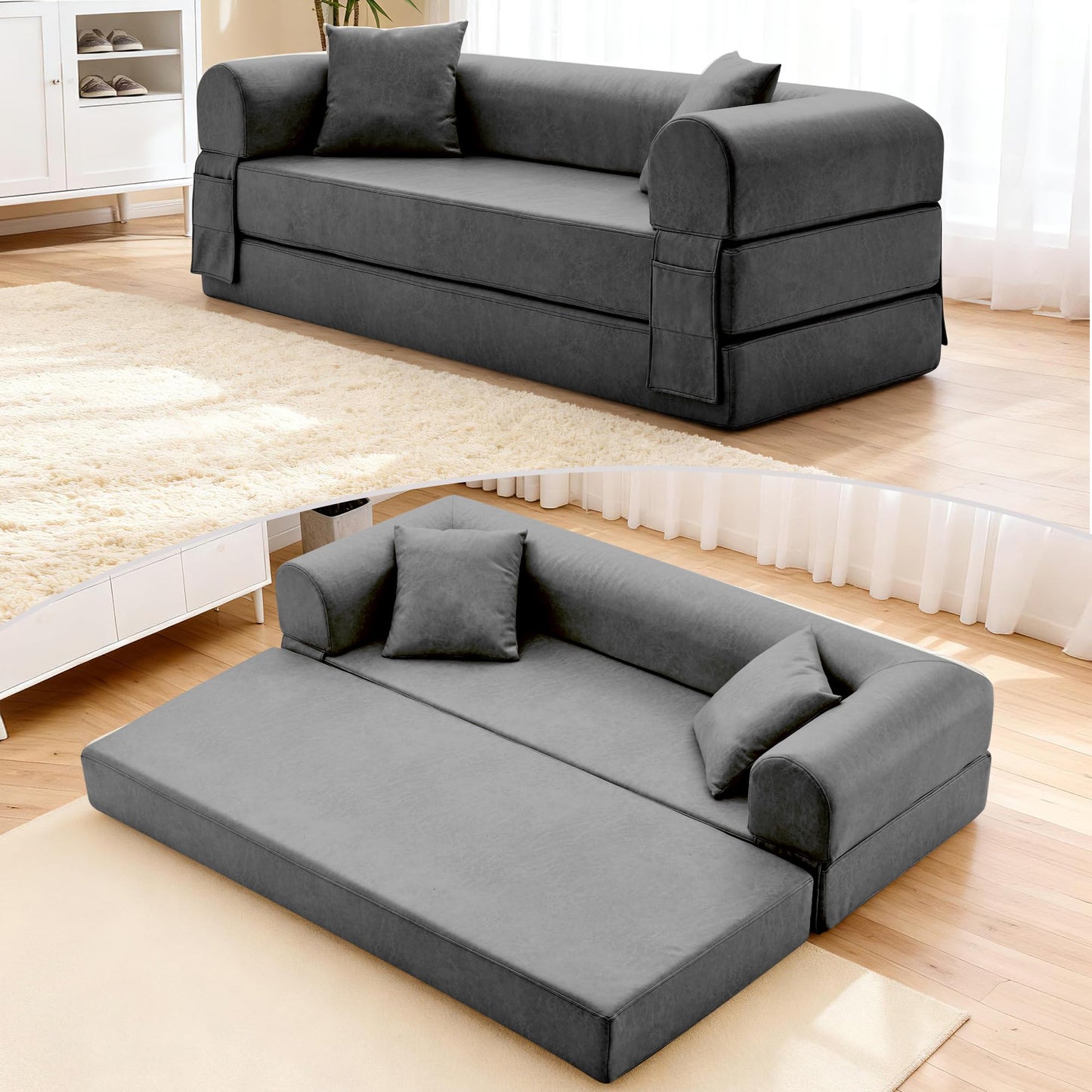 78.5" Convertible Sleeper Sofa Bed, Faux Leather Deep Seat Folding Floor Sofa with Pullout Bed & 2 Pillows, No Assembly Modern Boneless Couch Compression Sofa in Box for Living Room, Office, Gray