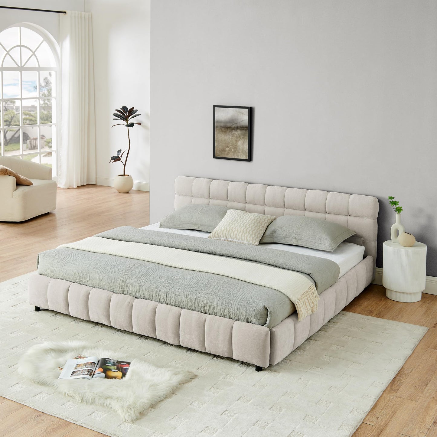 Ball & Cast King Size Upholstered Bed Frame with 4 Drawers and Headboard, Chenille Platform Storage Bedframe, Wooden Slats Support, No Box Spring Needed,Beige