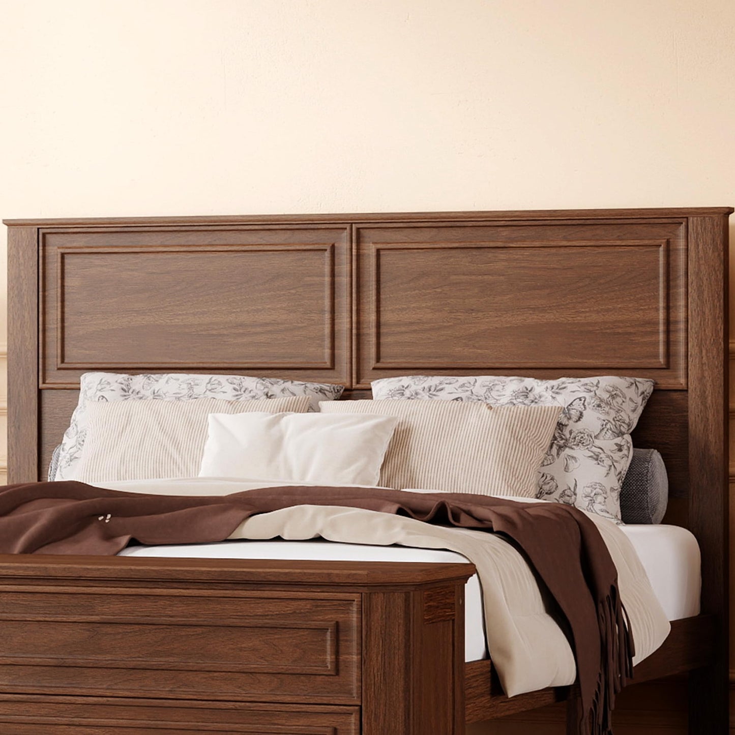 Ball & Cast Farmhouse Queen Size Bed Frame with Tall Headboard and Storage Bench,Wood Platform Bed Frame Queen Size with with Storage Footboard & 2 Large Storage Drawers, No Box Spring Needed,Walnut