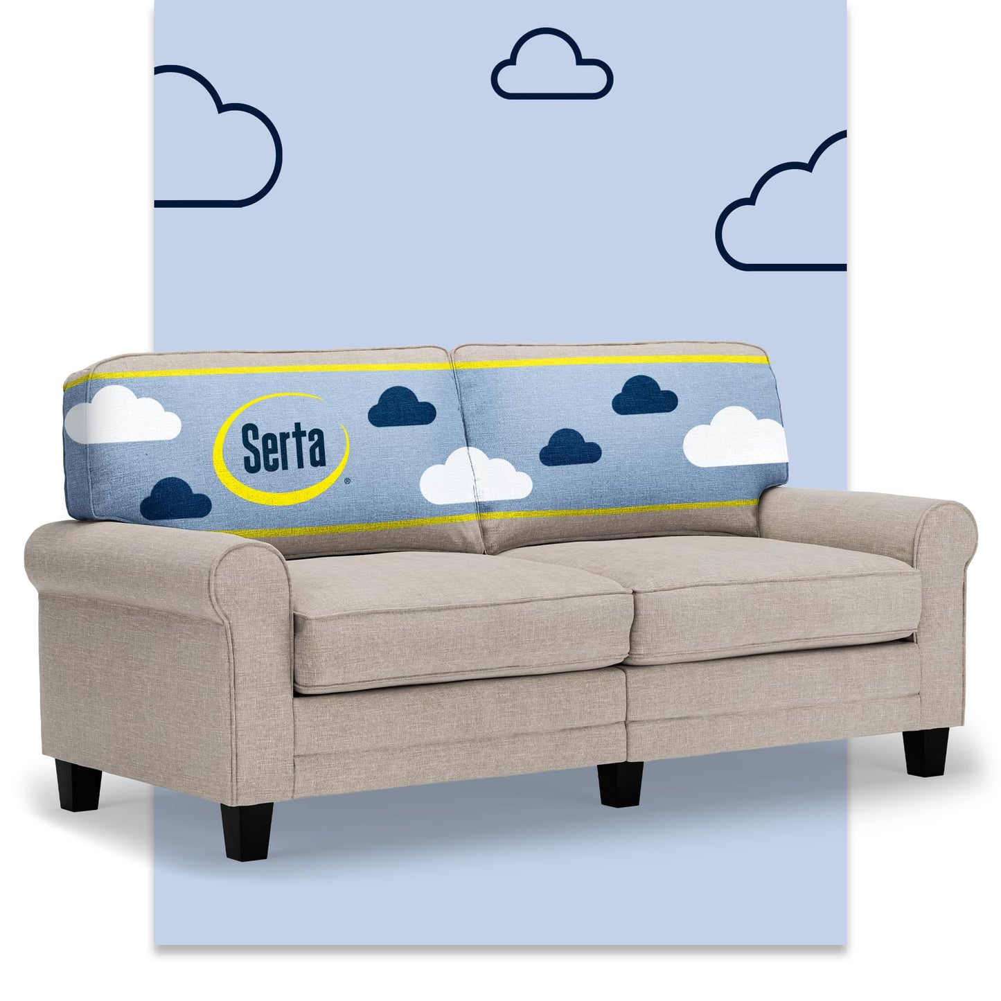 Serta Copenhagen 73" Rolled Arm Sofa, Easy Care Polyester, Soft Pillow Back, Pocket Coil Seat Cushions, Removable Covers, Loveseat or Couch for Small Spaces, Living Rooms or Bedrooms, Light Gray