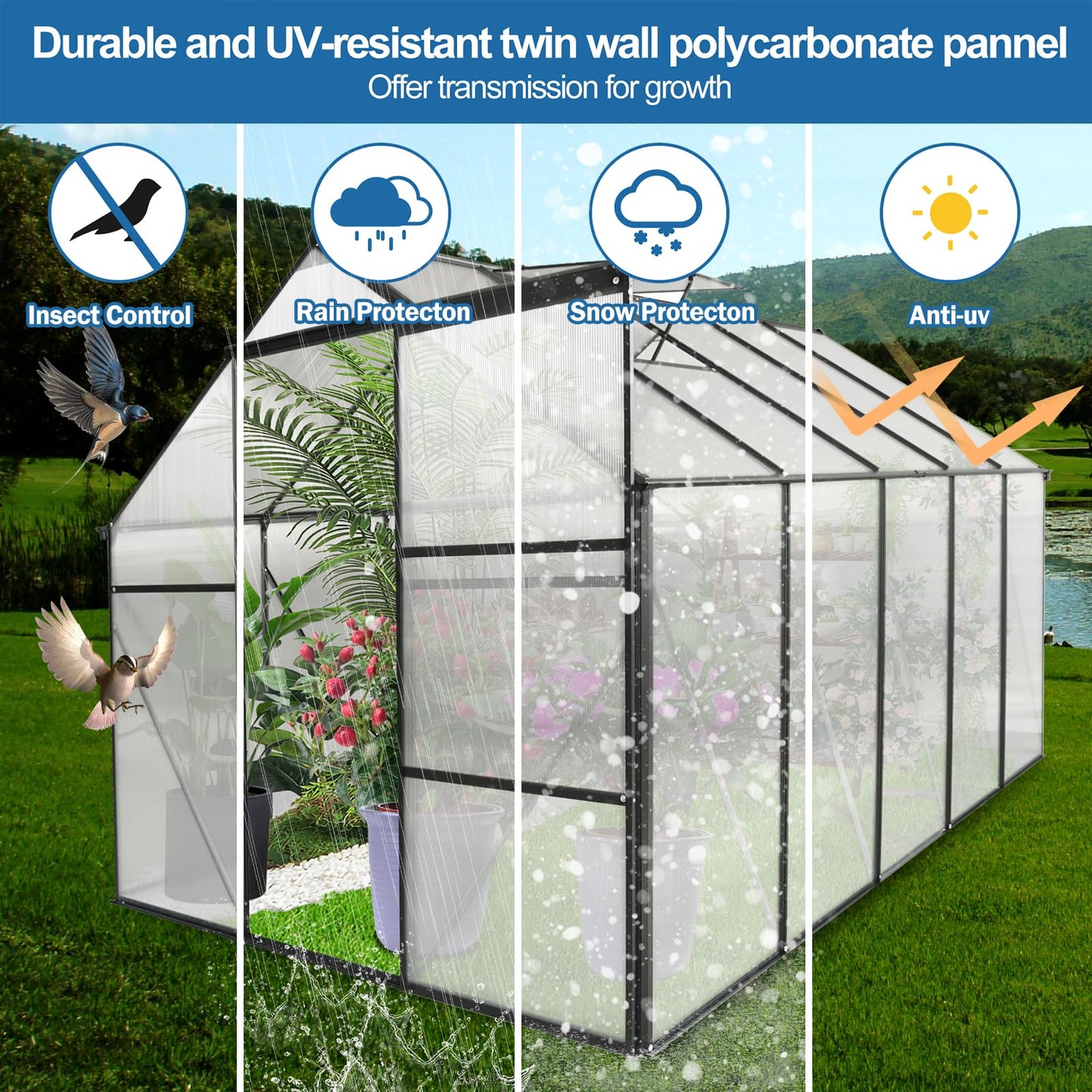 KEIKI 6x10 FT Polycarbonate Greenhouse with Aluminum Frame,Raised Base and Roof Vent,Walk-in Greenhouses for Patio Garden
