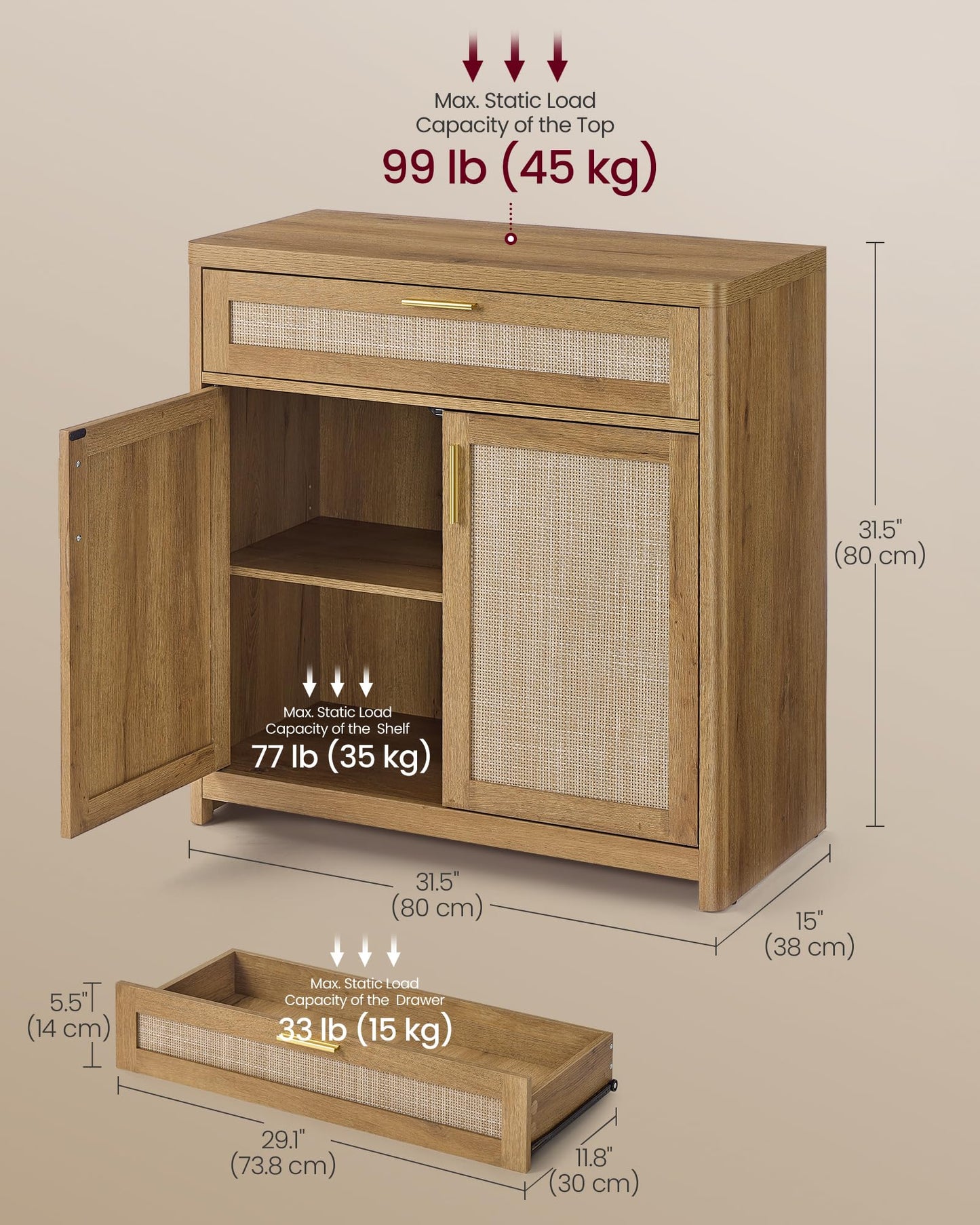 VASAGLE ELLAN Collection - Boho Buffet Cabinets with Rattan-Look Doors, Sideboard Storage Cabinet, Rounded Corners, Adjustable Shelf, Drawer, for Dining Room, Set of 2, Natural Brown UBBK601KC01-2J