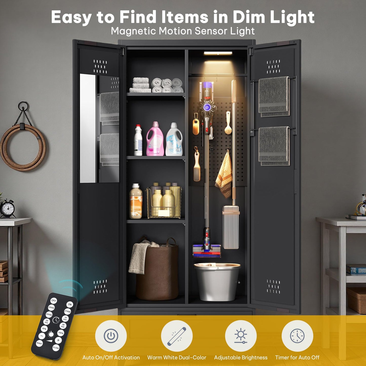 DWVO Metal Garage Storage Cabinet with Pegboard, 71" Tall Broom Cabinet with Lights, Adjustable Shelves, Heavy Duty Tool Storage Cabinet for Garage, Cleaning Room, Gym