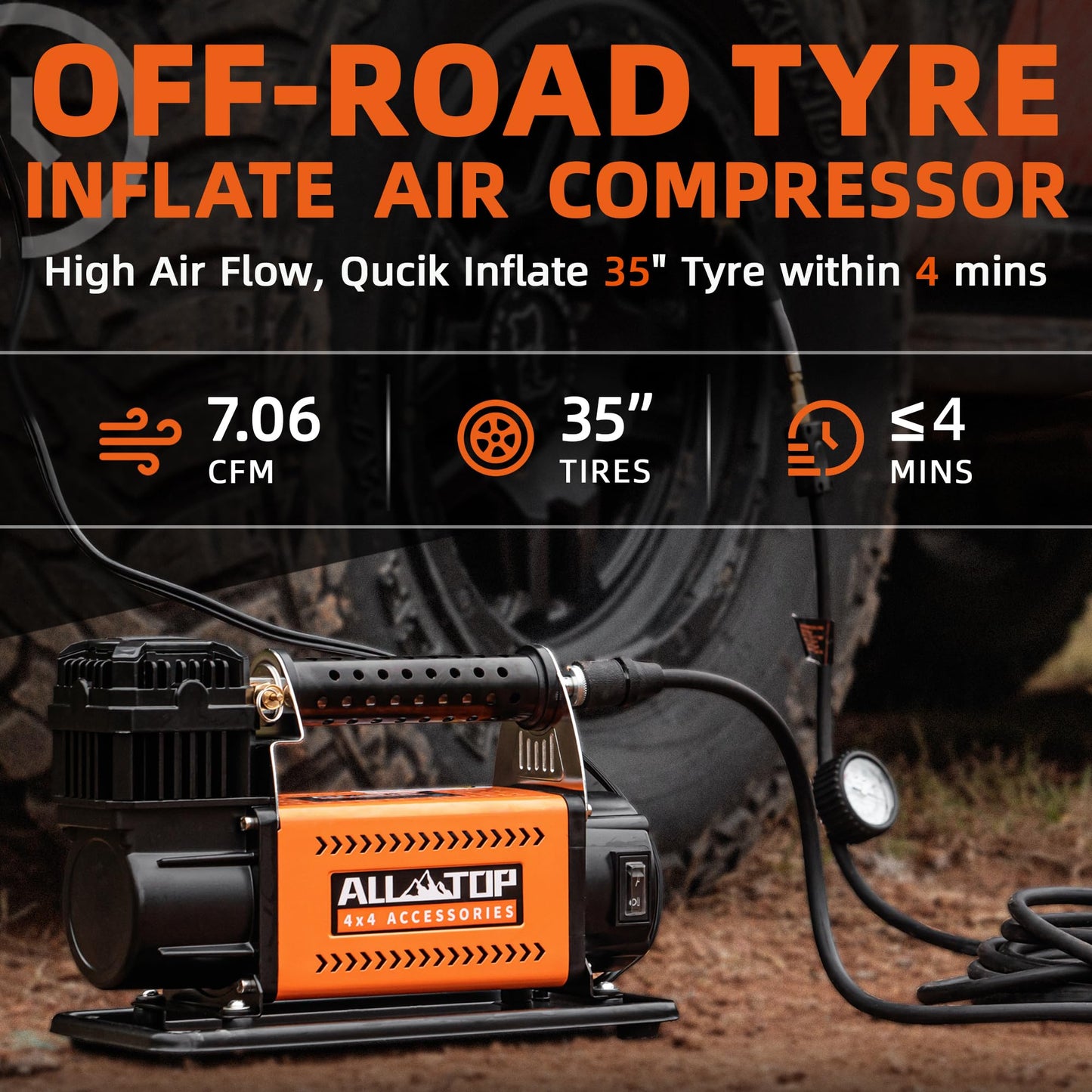 ALL-TOP Air Compressor Kit, 12V Portable Inflator 7.06CFM, Offroad Air Compressor for Truck ,Air Pump for Car Heavy Duty, Max 150PSI for SUV 4x4 Vehicle RV Tire