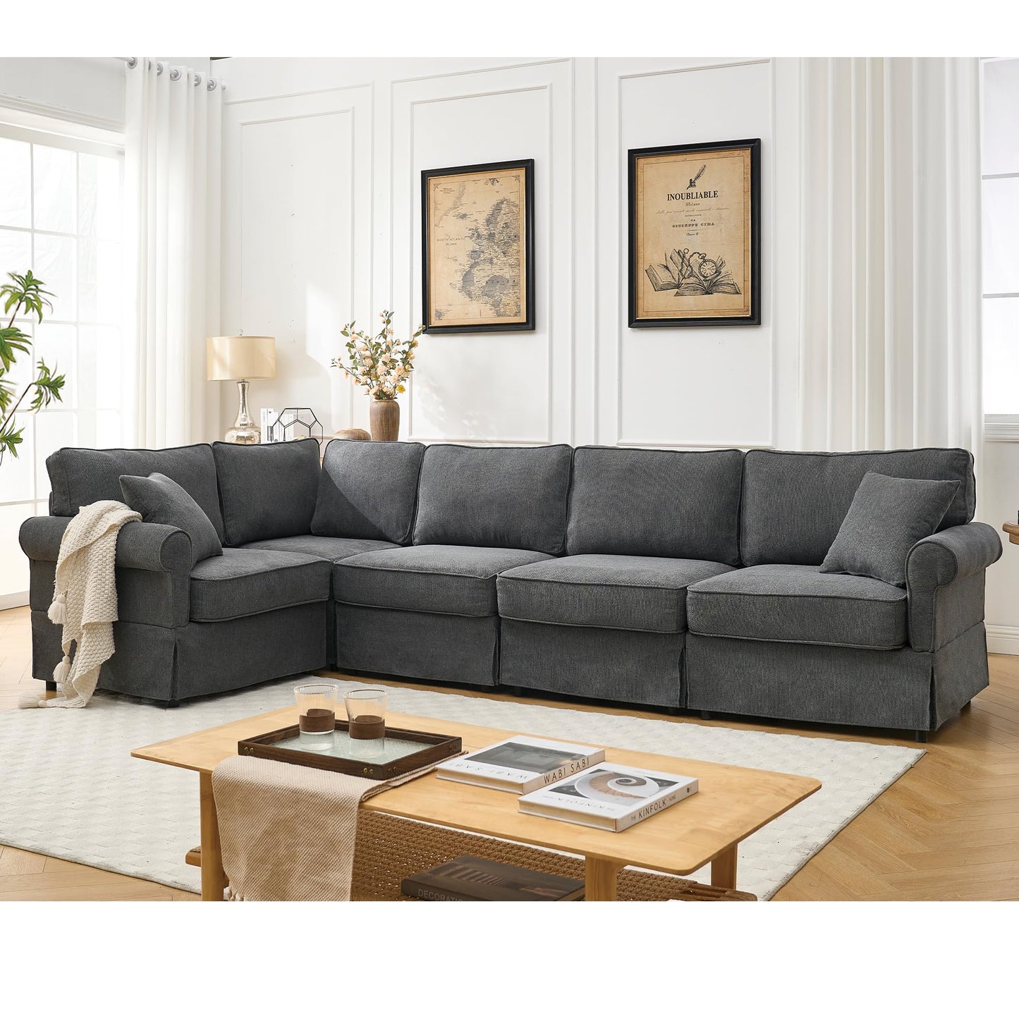 KEIKI 94" L-Shaped Oversized Modular Linen Sectional Sofa with Rolled Arms, Cushion Back, Modern Style Convertible 5-Seater Corner Couch, Easy Assembly, for Apartment, Living Room, Bedroom, Dark Gray
