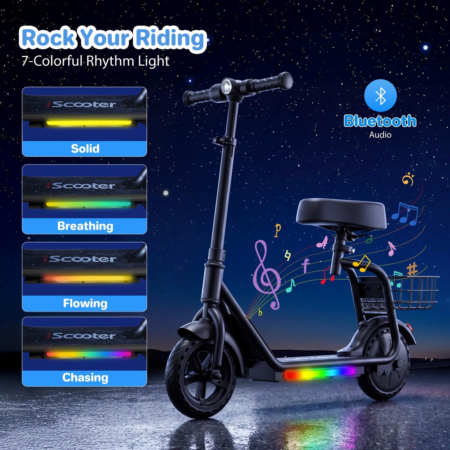 iScooter 2-in-1 Kids Electric Scooter ik7,Up to 12mph&10Miles Range，250W Motor, Headlight & Brake Taillight, Removable Seat&Basket, Smart App Parental Control,Electric Scooter for Kids Ages 10-14