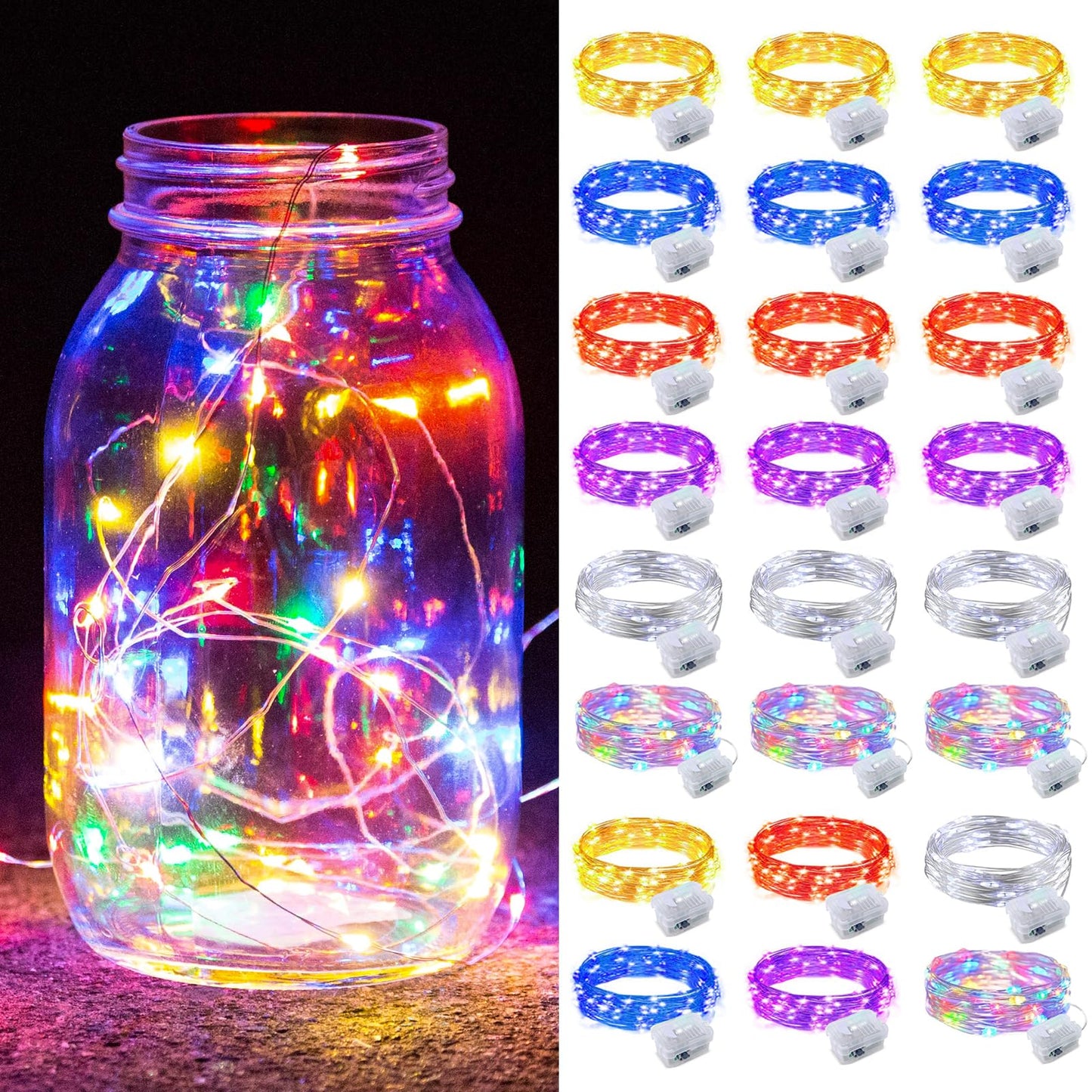 ZGWJ 24 Pack Fairy Lights, 7ft 20 Mini LED String Lights, Battery Operated, Silver Wire, Mixed-Color, Model D2-2MXD-24MIX