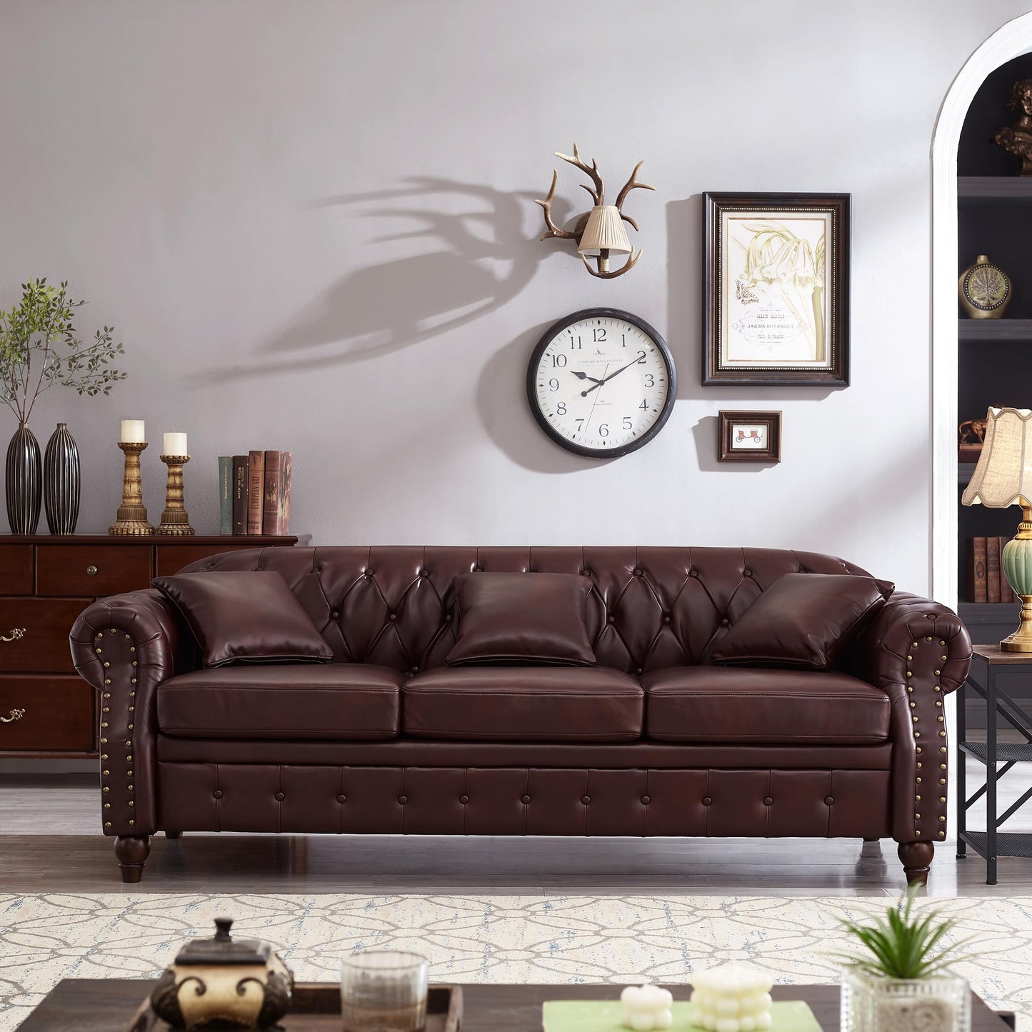 KEIKI 85.8" Chesterfield Sofa, Retro Style Upholstered with Storage Faux Leather PU Couch with Rolled Arm, Nailhead for Living Room Bedroom Office Apartment, Burgundy