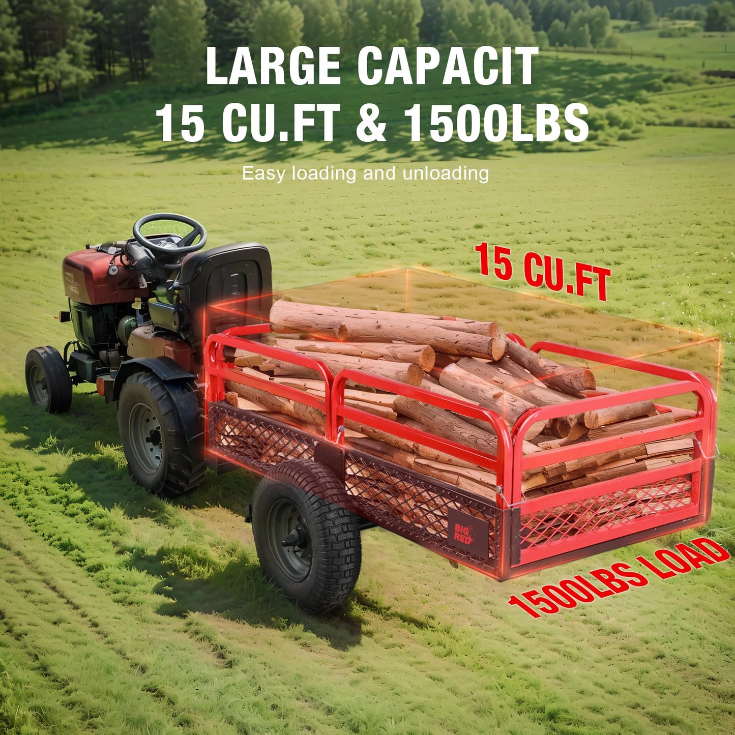 Big RED Heavy Duty ATV Trailer Steel Dump Cart: Yard Garden Trailer for Lawn Mower, Tractor, Garden Waste - 1,500lbs, 15 cu.ft Capacity