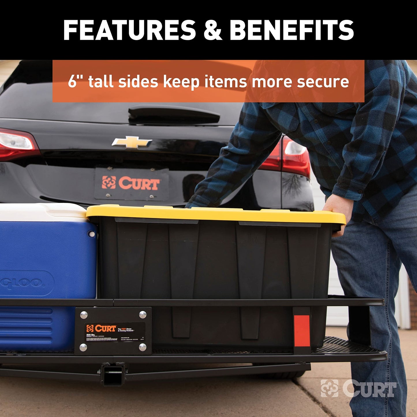 CURT 18151 Cargo Basket Hitch Trailer Hitch Cargo Carrier, 500 lbs. Capacity, 58-Inch x 20-Inch x 5-1/2-Inch, Fits 2-Inch Receiver