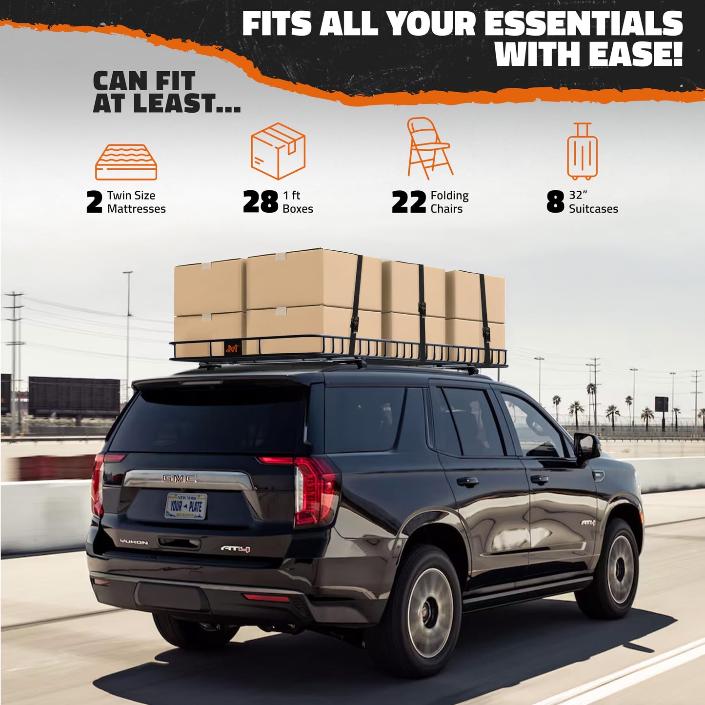 Mockins 90"x50"x6" XXL Heavy Duty Roof Rack Cargo Carrier for Top of Vehicle Storage | 250 Lbs. Cap Steel Car Roof Basket Set w/Straps | All-Weather Rooftop Cargo Carrier for SUV, RV & Large Vehicles