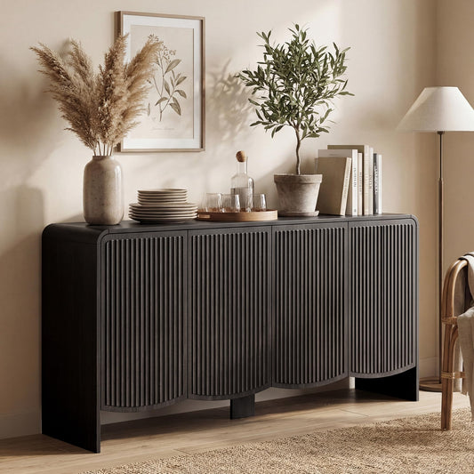 Seang Fluted Sideboard Buffet Cabinet with Storage,58" Modern Sideboard Cabinet with Curved Design & Adjustable Shelves,Wood Console Table for Living Room,Entryway,Kitchen,Black