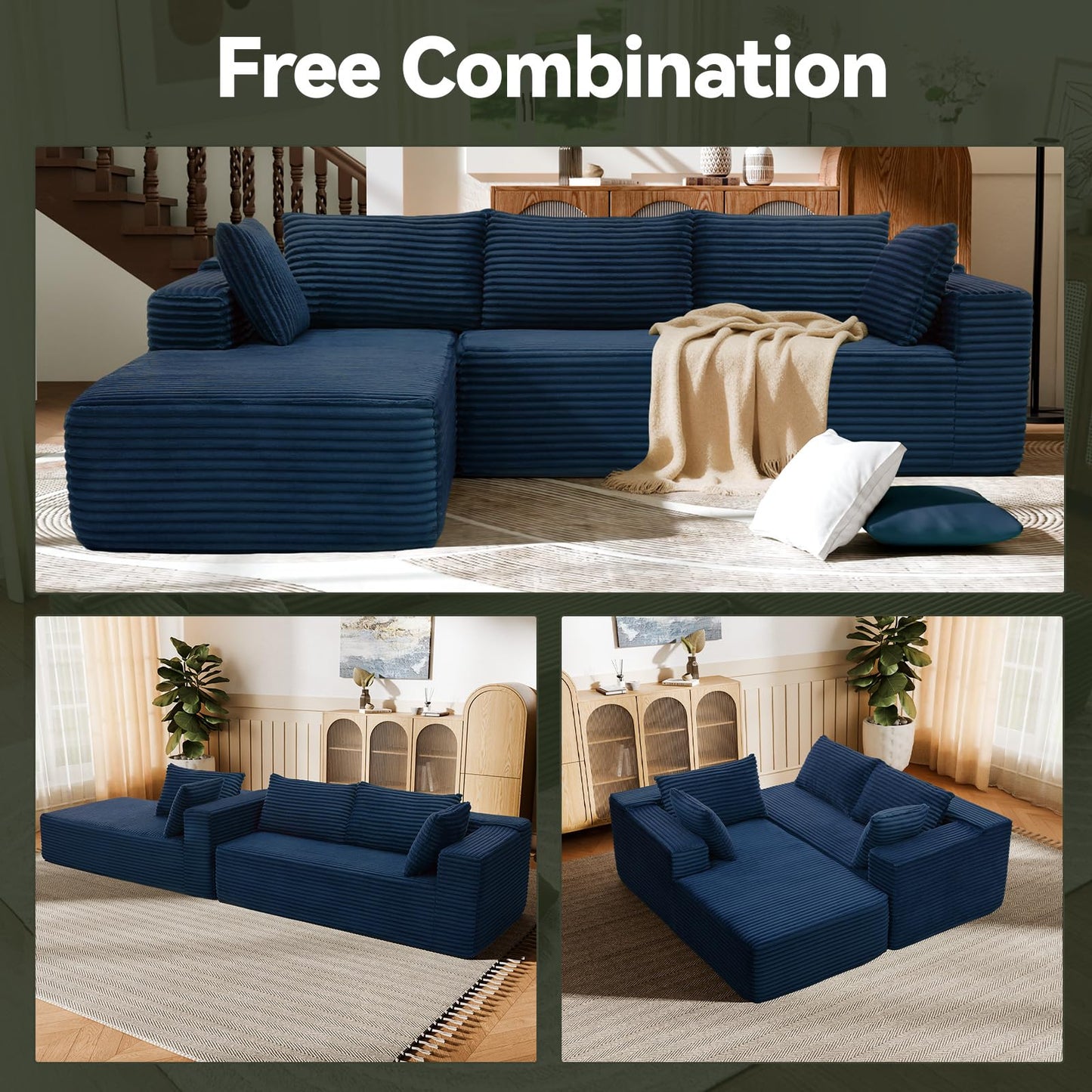 TRUNBACK 106" Modular Sectional Sofa, Blue Corduroy Cloud Couch with Right Chaise, Deep Seat Boneless Floor Sofa for Living Room, High-Resilience Foam Support, No Assembly Required, Includes Pillows