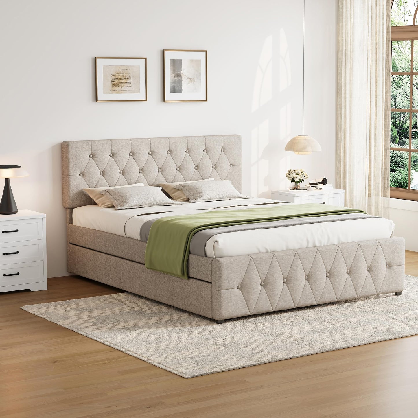 Ball & Cast Queen Bed Frame with Adjustable Headboard,Upholstered Platform Bed Frame Queen Size with 2 Wood Storage Drawers & Pull‑Out Trundle Bed,Wooden Slats Support,No Box Spring Needed,Taupe