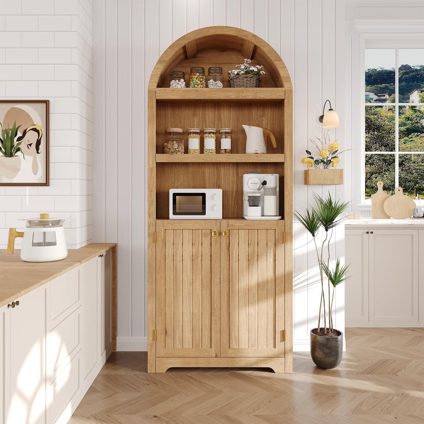 IDEALHOUSE Arched Bookcase with Doors, 72 Inch Tall Bookshelf with Storage Cabinet and Shelves, Wooden Display Bookcase for Living Room, Home Office, Natural Oak with Gold Handles