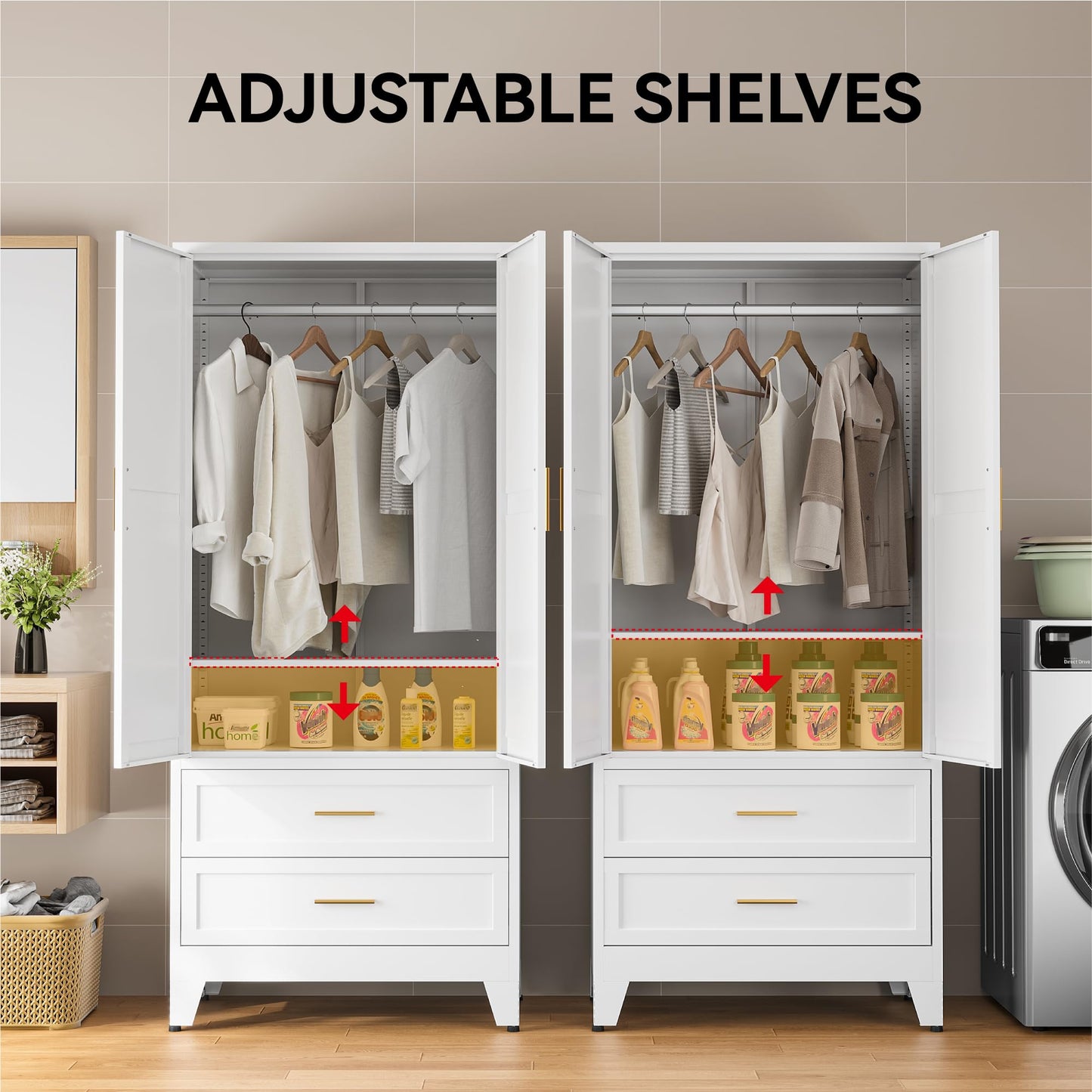 COFaR 71" Metal Wardrobe Closet with 2 Drawers & Hanging Rod, Freestanding Armoire Storage Cabinet with Adjustable Shelf and 2 Doors, White Steel Closet Organizer for Bedroom