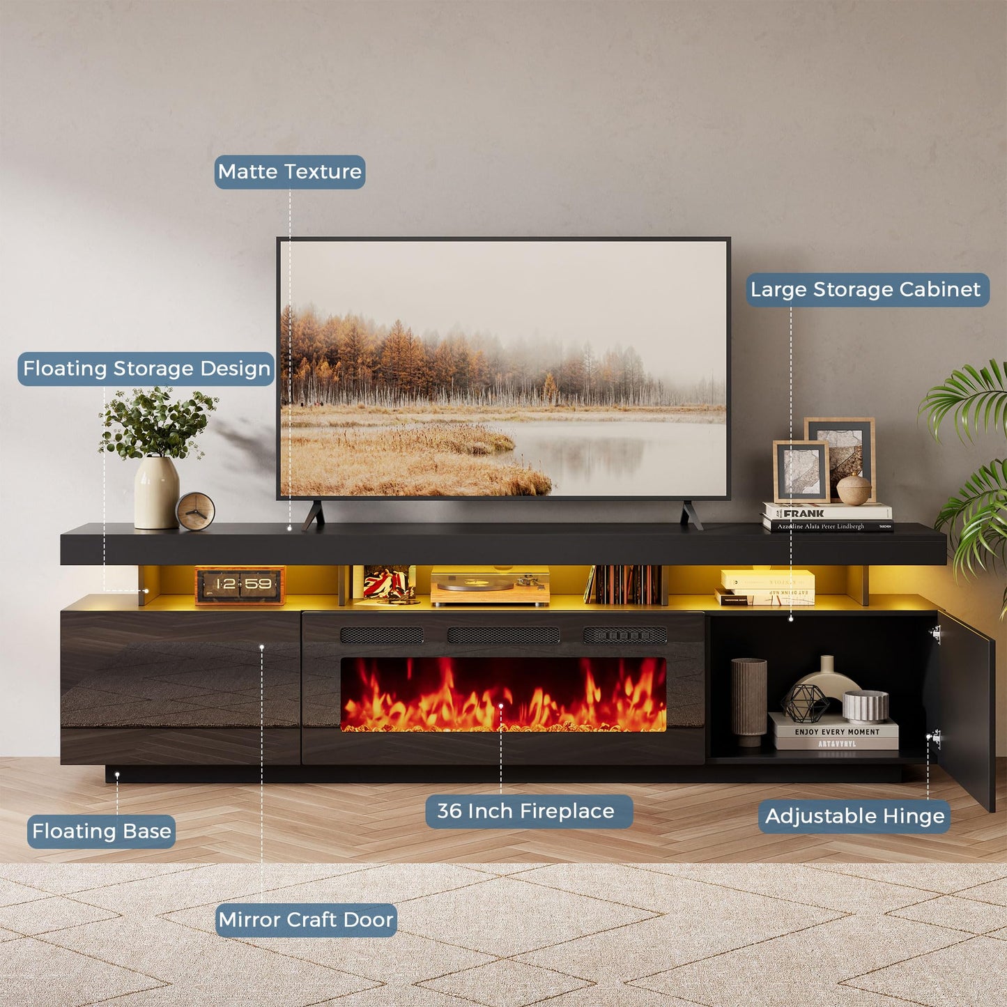 70" Floating Fireplace TV Stand with 36" Crystal Electric Fireplace, LED Entertainment Center for TVs up to 80", Modern Media Console with Mirrored Storage Cabinets for Living Room, Black TV Console