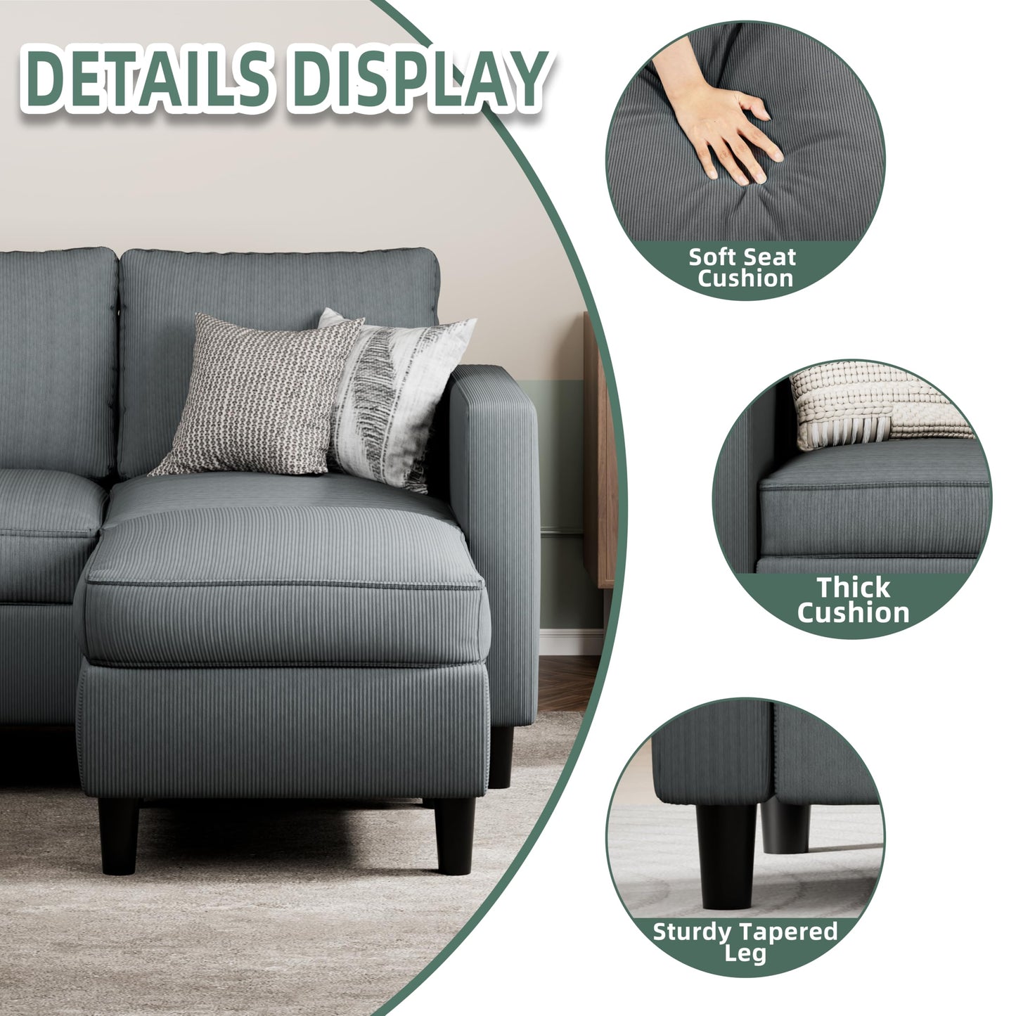 SUNLEI L-Shaped Sectional Couch, Modern Grey Reversible Sectional Sofa with Reversible Ottoman, 3-Seat Compact Couches for Living Room Apartment, Studio & Office, Easy Assembly, Grey