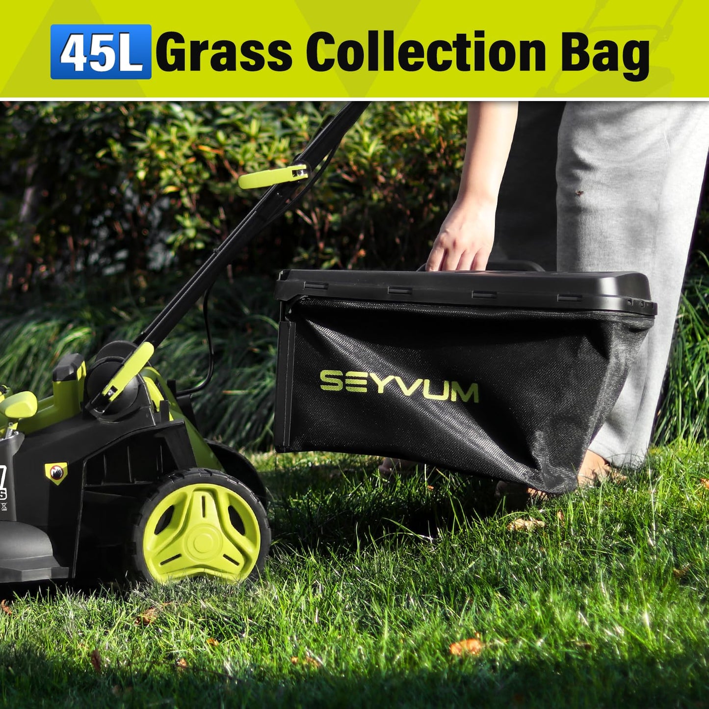 SEYVUM 40V 16-inch Cordless Lawn Mower with 45L Grass Collection Bag, 6 Position Height Adjustment Electric Lawn Mower, 2 x 20V 4.0Ah Battery Powered Push Lawnmower, 2.4A Fast Charger, Lemon Green