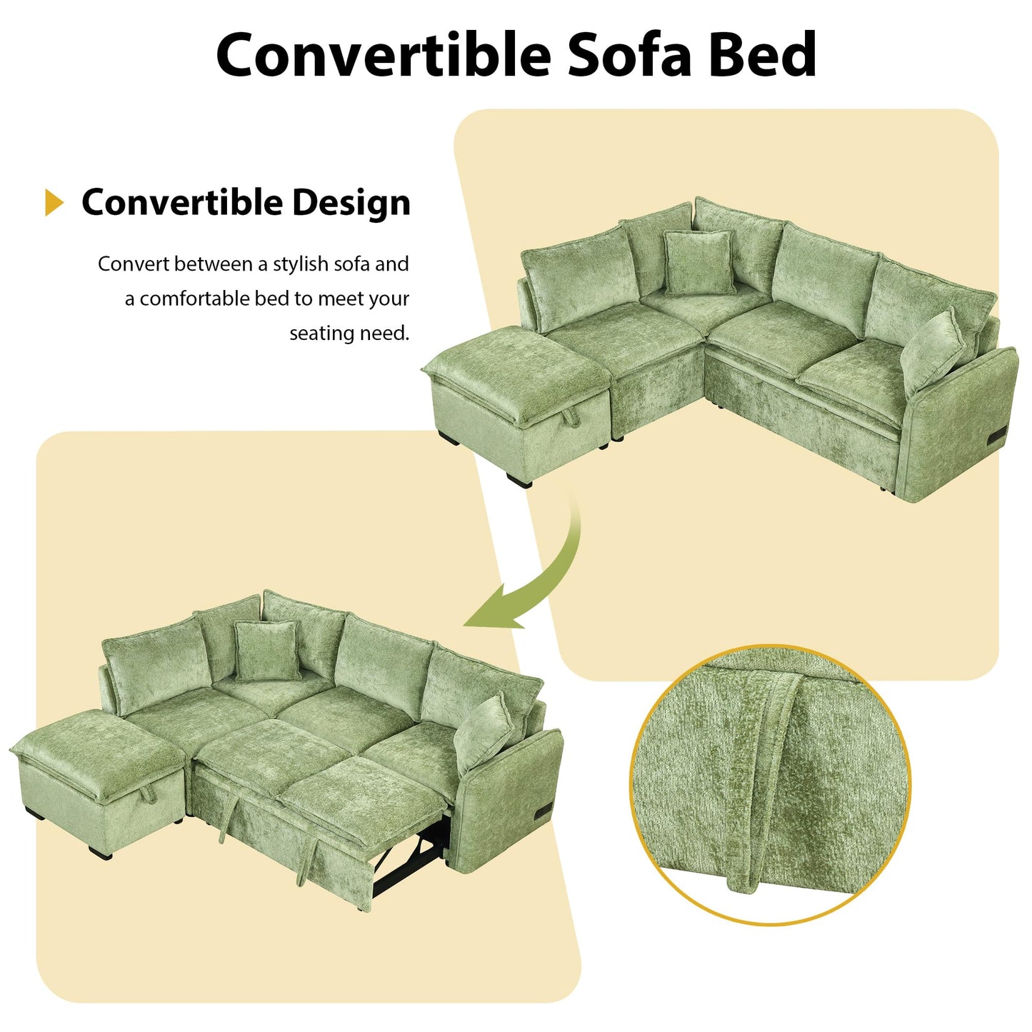 ERYE 82.5-Inch Left Facing Corner Sleeper Sectional Sofa Bed for Living Room Office,L-Shaped Chenille Upholstered Convertible Pull Out Sleeper Couch Bed W/Storage Ottoman