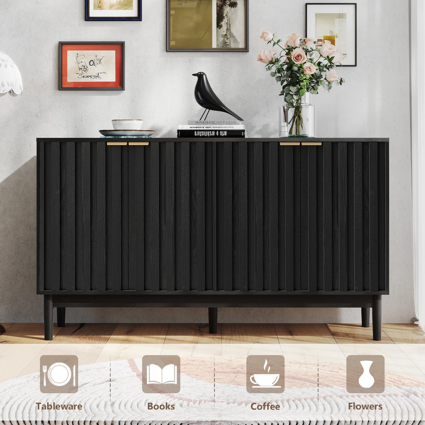 Otterease Fluted Cabinet with Storage, Small Buffet Cabinet Sideboard with Door, Kitchen Buffet Storage Accent Cabinets with Adjustable Shelves for Living Room, Entry, Hallway,Black