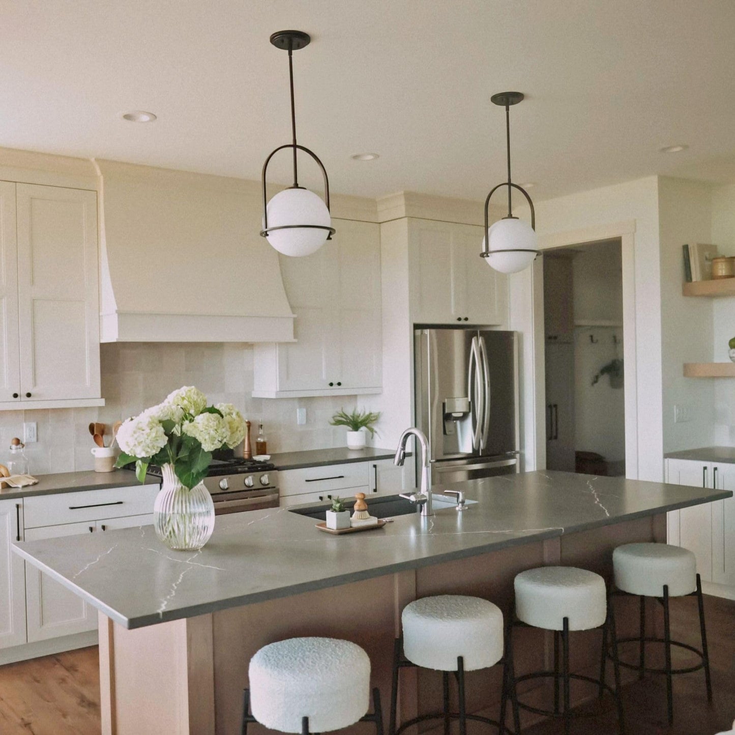 Nathan James Isaac 24" Modern Backless Bar Stool with Round Soft Padded Boucle Seat and Metal Mid-Century Base, Boucle White/Black, Set of 2