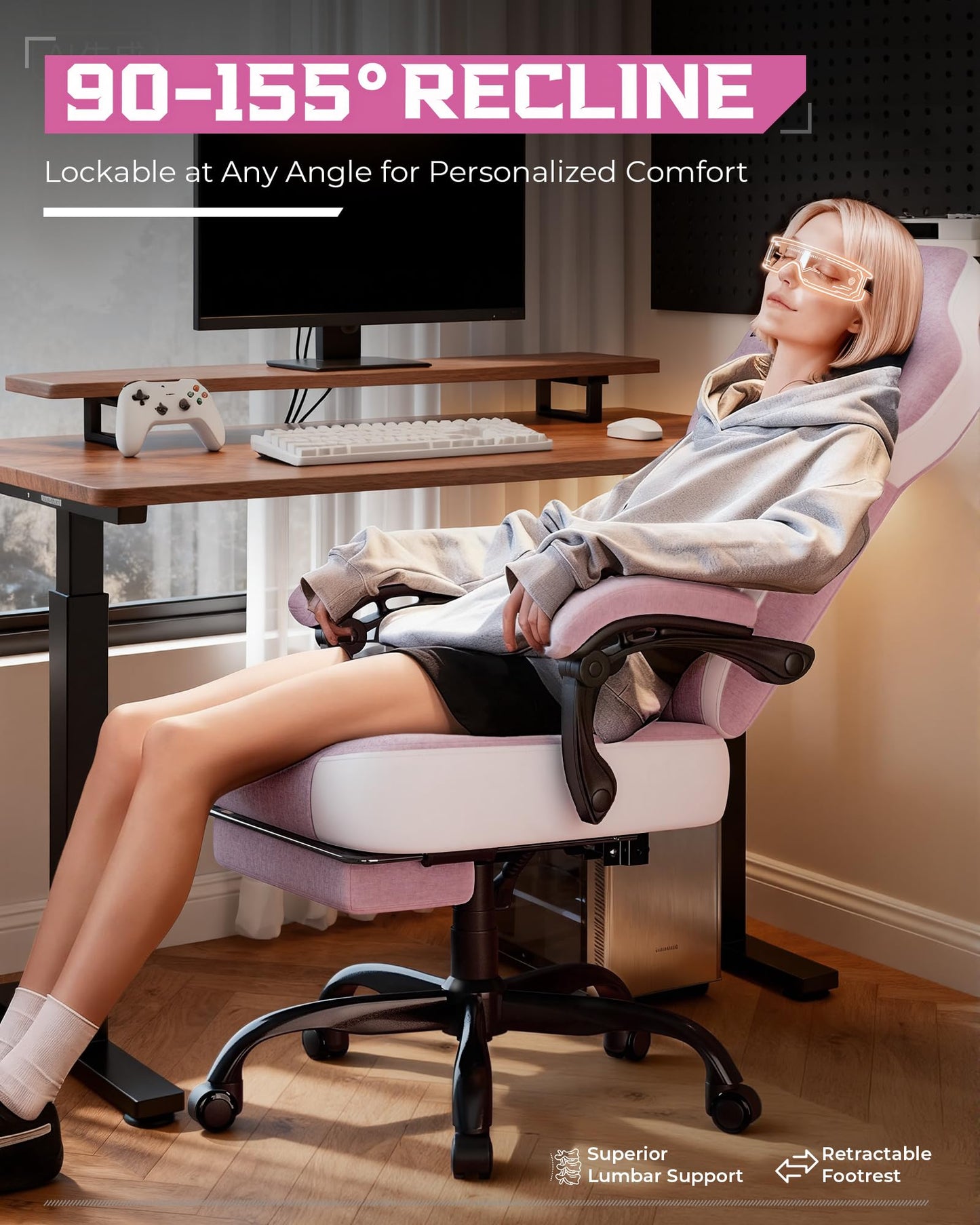 GTPLAYER Gaming Chair, Computer Chair with Footrest and Lumbar Support for Adults, 360°-Swivel Big & Tall Reclining Seat for Office or Gaming (Pink)