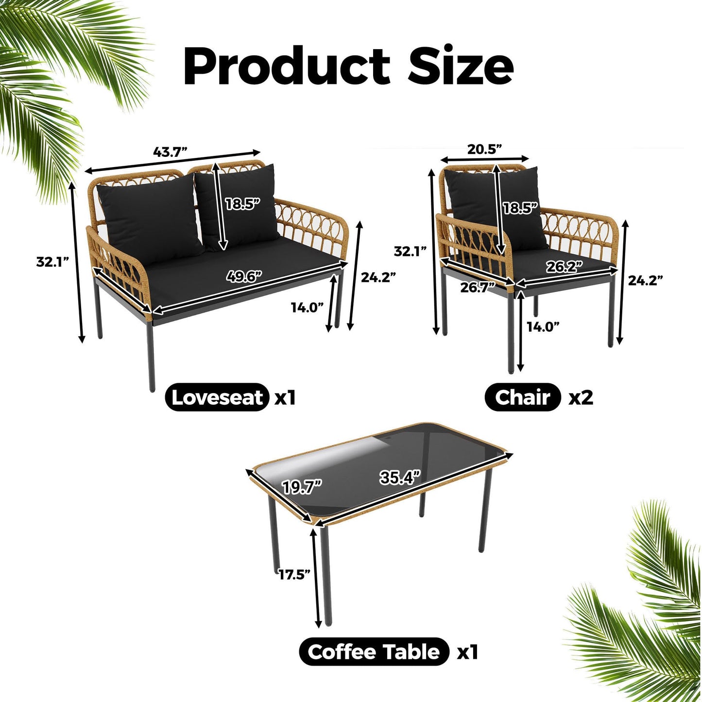 GarveeLife 4 Pieces Patio Furniture Sets Wicker Outdoor Patio Table and Chairs Set with Glass Side Table, Loveseat Chairs, Boho Rattan Conversation Sets for Apartment, Bistro, Backyard, Porch, Black