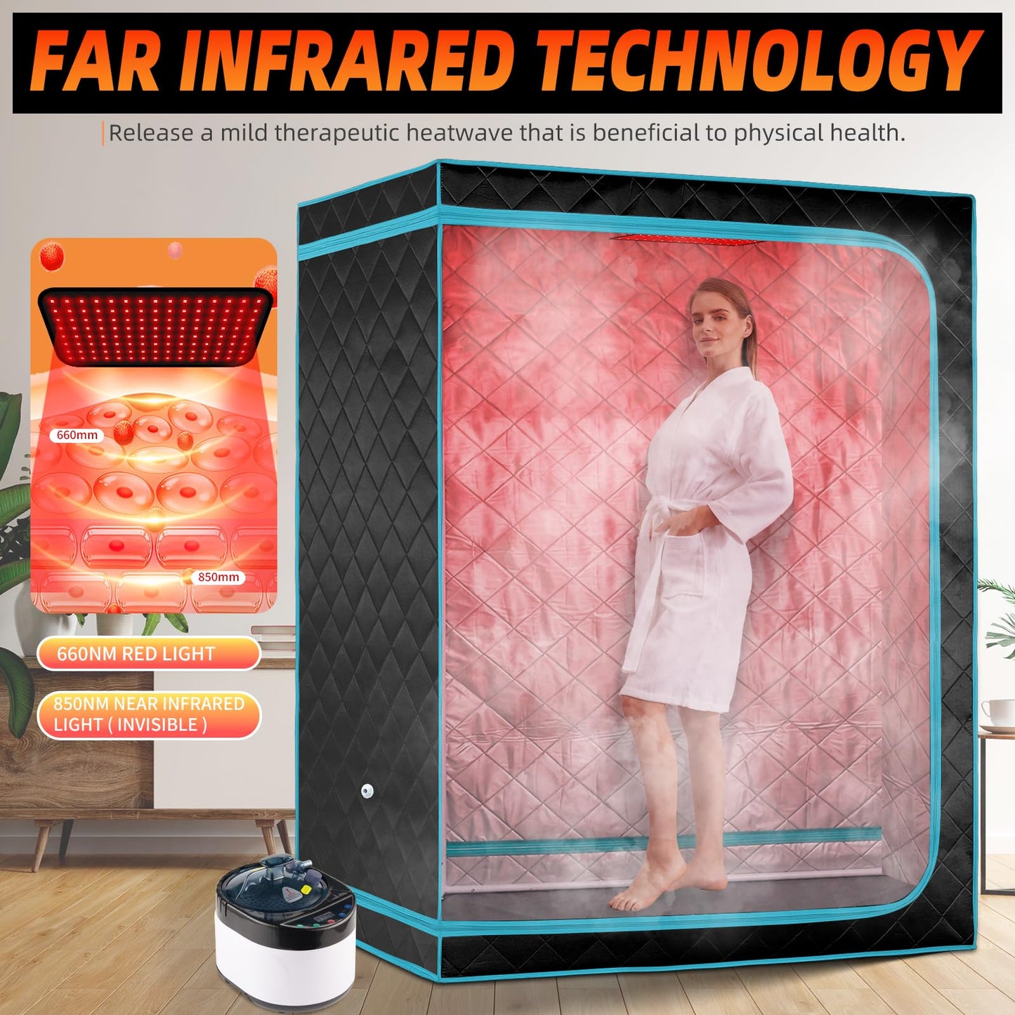 ZONEMEL 2-Person Large Steam Sauna with Remote Control, 4L Steamer, Red Light Therapy Panel & 2 Chairs, Portable Home Spa (47.2" x 35.4" x 63")