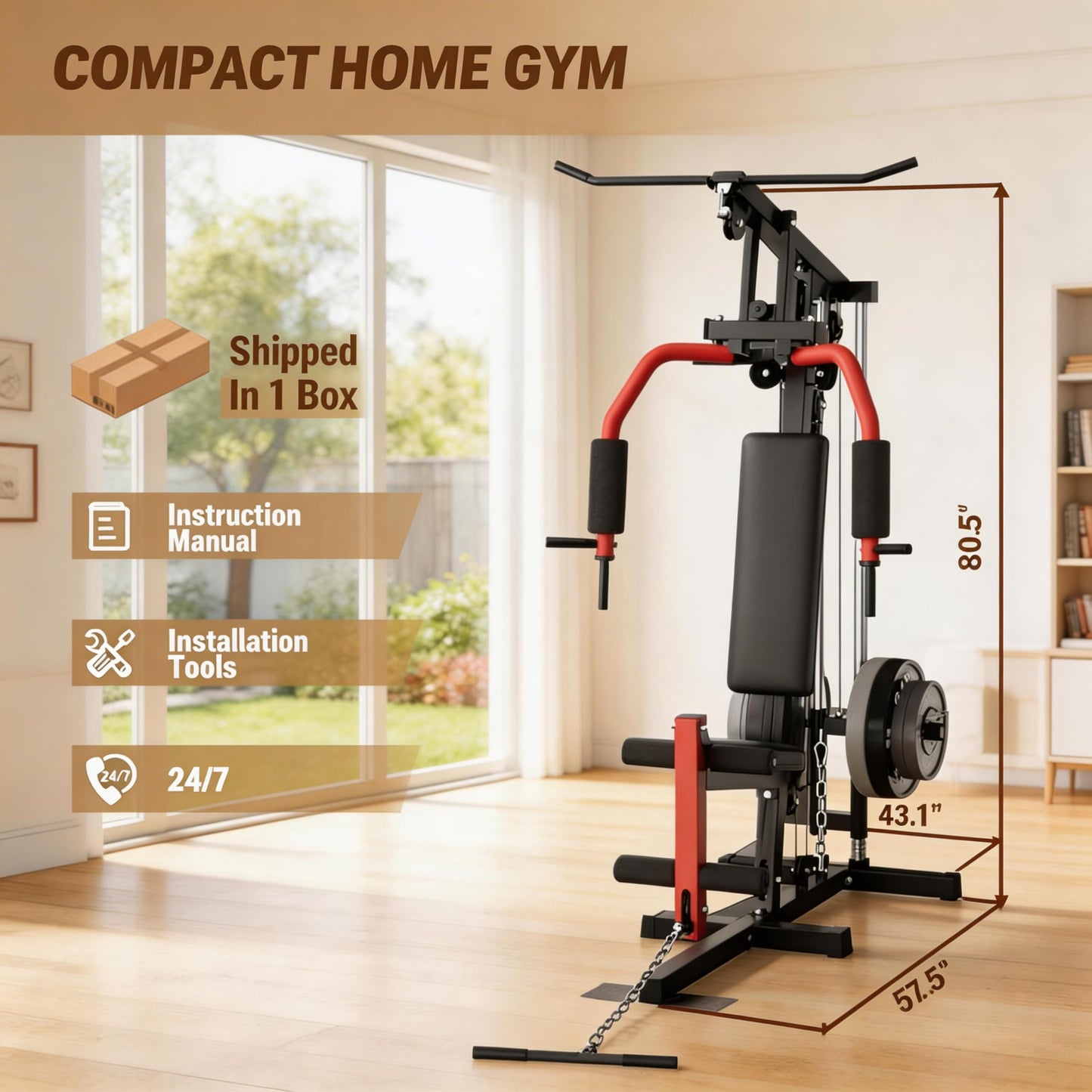Full Body Workout Machine - 5-in-1 Home Gym Equipment with LAT Pulldown, Chest Press, Leg Extension & Seated Row, 300LB Capacity Strength Training Station, Fits 1” & 2” Weight Plates (Not Included)
