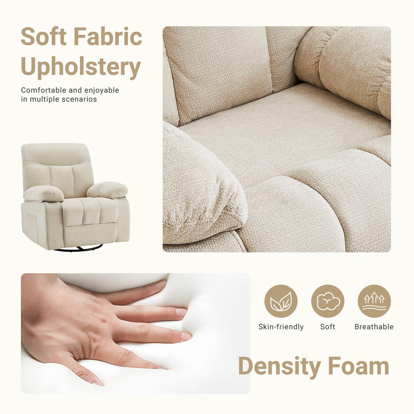 Rocker Swivel Recliner Chair for Adults, Single Reclining Sofa Chair with Heated and Full Body Massage, Lounge Recliner Glider for Small Living Room, Bedroom, Beige