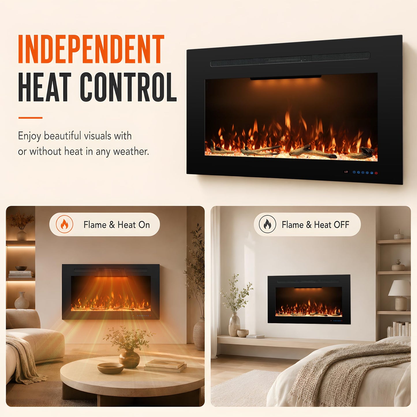 Rodalflame 29.6" W Rear Electric Fireplace Inserts with 3 Flame & Top Light, Recessed Fireplace Heater with Thermostat, 750/1500W, Crackling Sound, Logs & Crystals, Timer, No Wall Mount
