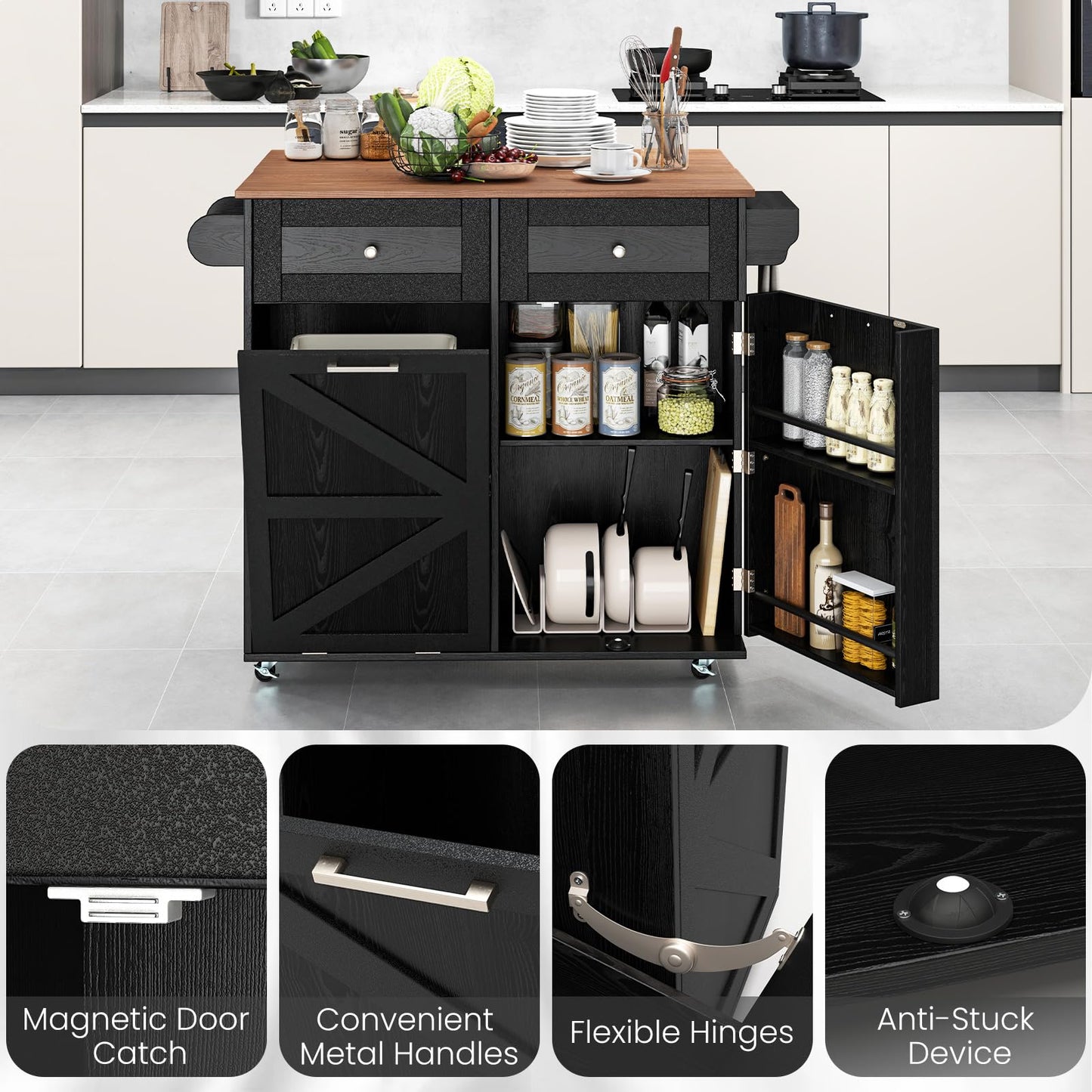 Giantex Kitchen Island Cart with Hidden Tilt Out Trash Can Cabinet, Drop Leaf, 2 Drawers, Towel Rack, Rolling Mobile Breakfast Bar Table, Wood Kitchen Storage Cart on Wheels (Black & Natural)