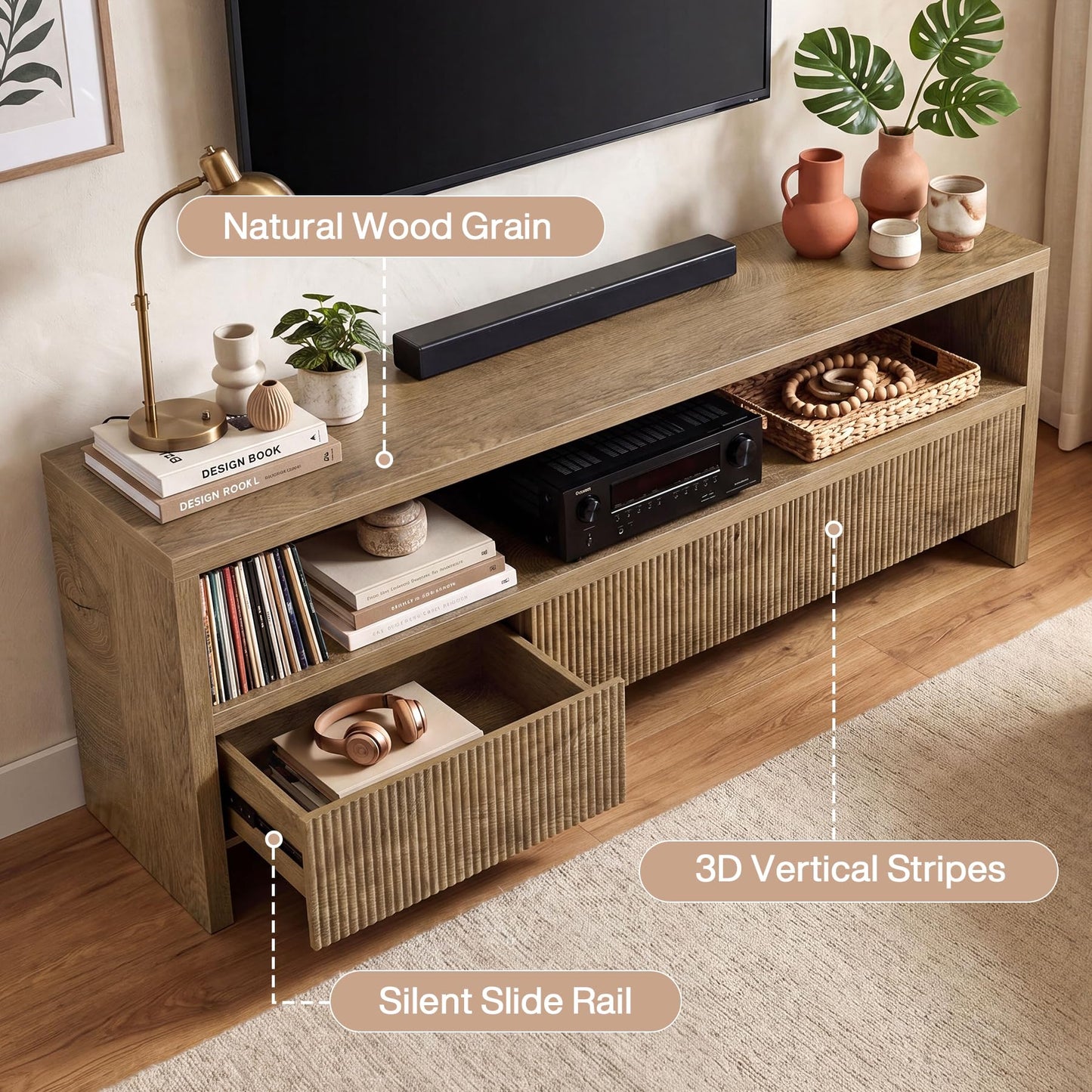 Tribesigns 63" TV Stand with 3 Drawers, 2-Tier Entertainment Center for TVs up to 75", Farmhouse Media Cabinet, Wooden Console with Storage, Television Stands for Living Room, Bedroom, Brown