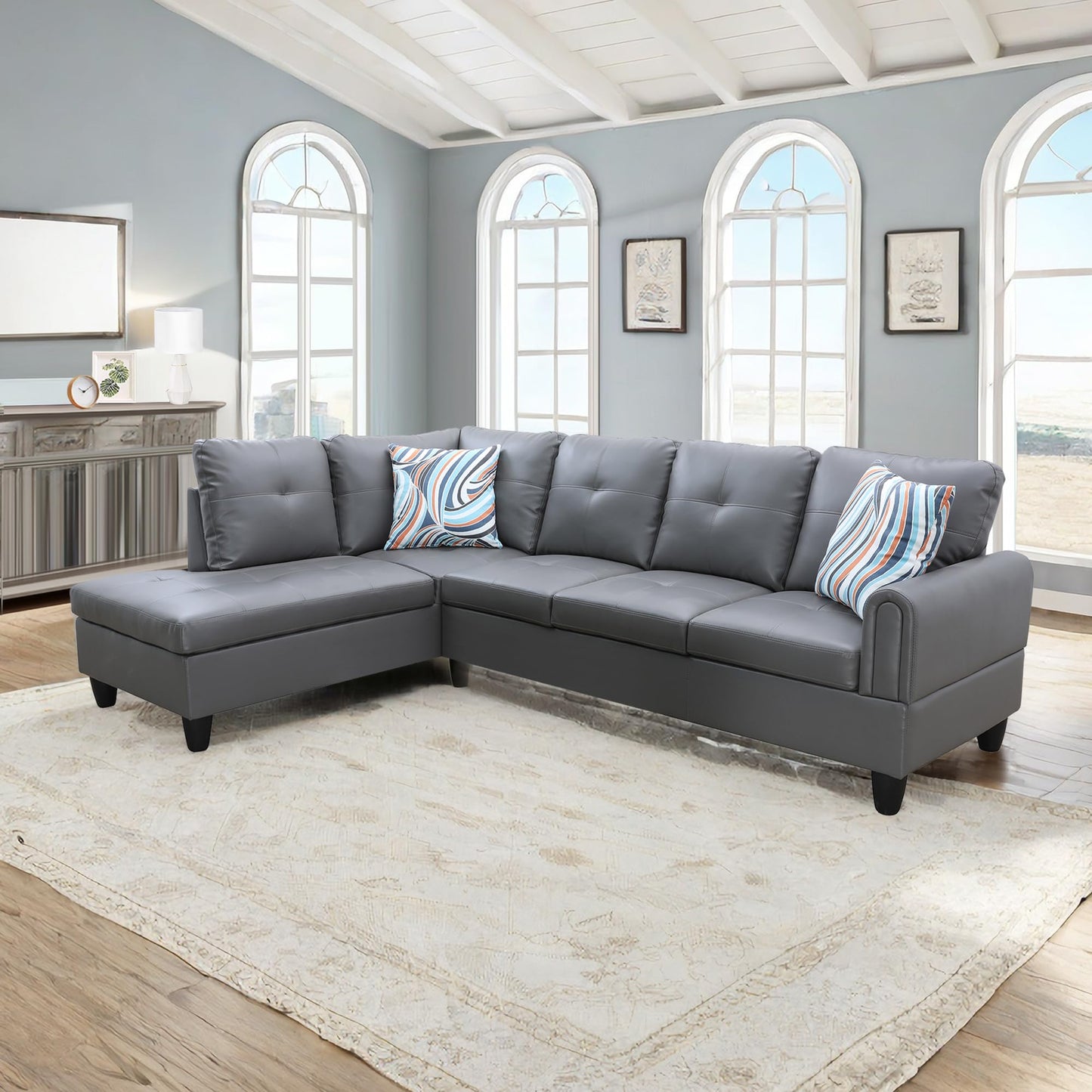 NicBex Sectional Couch L Shaped Couch Sofas for Living Room Living Room Furniture Sets Faux Leather Couch with Chaise and Back Cushions for Living Room and Apartment, Silver Grey