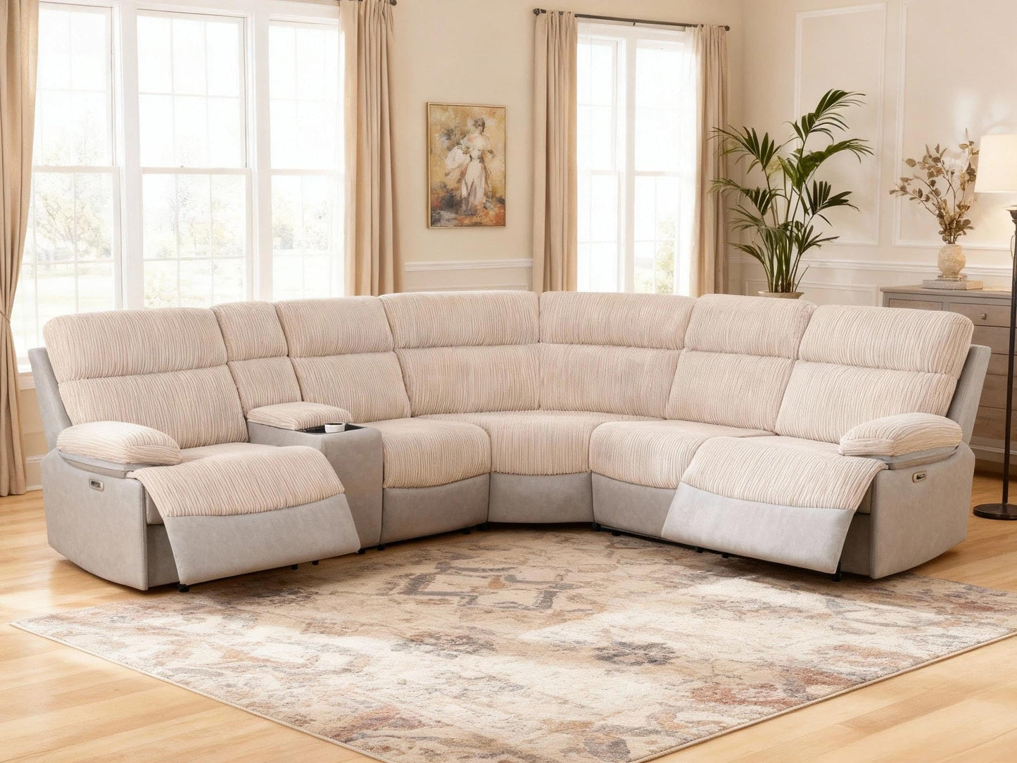 Trygoal Power Reclining Sectional Sofa Set, L-Shaped Sectional Couch for Living Room, Home Theater Seating with Wireless Charging Panel, Intelligent Recliner Sofa with LED Lights, Off-White & Gray