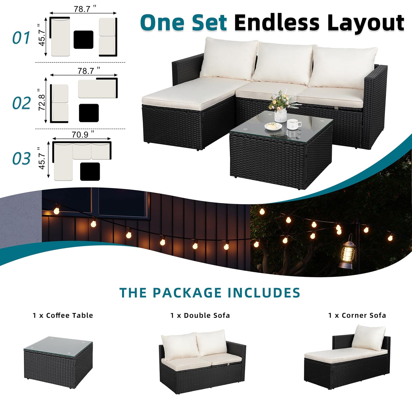 SUNLEI 3 Piece Patio Furniture Set, Outdoor PE Rattan Sectional Sofa Set with Ottoman, Detachable Cushions and Glass Coffee Table, Patio Conversation Set for Backyard Balcony Porch, Black/White