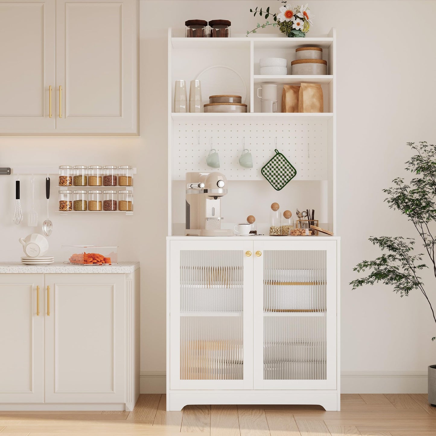 71" Tall Pantry Cabinet with 2 Glass Doors, Freestanding Kitchen Storage Cabinet with Open Storage & Adjustable Shelves, Modern Farmhouse Cupboard Coffee Bar for Dining Room, Living Room, White