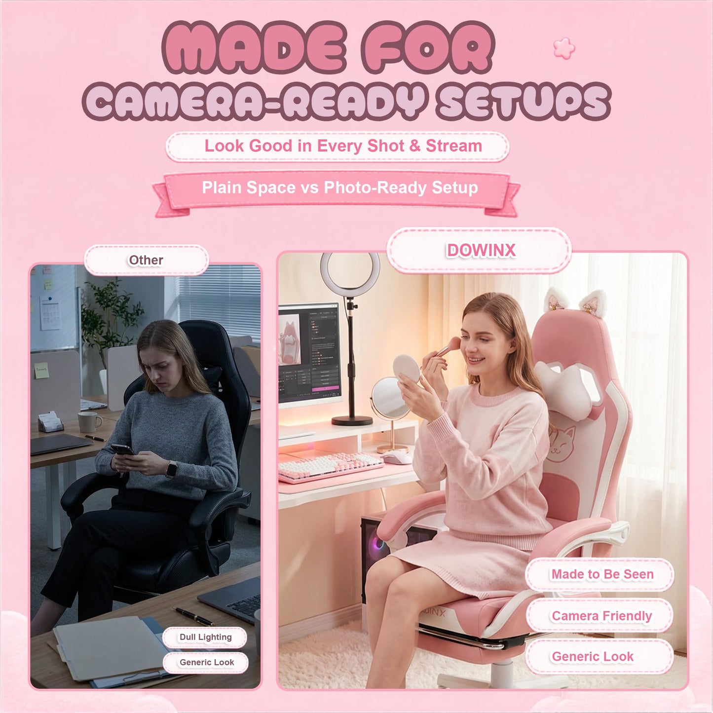 Dowinx Gaming Chair Cute with Cat Ears and Massage Lumbar Support, Ergonomic Computer Chair for Girl with Footrest and Headrest, Comfortable Reclining Game Chair 290lbs for Adult, Teen, Pink