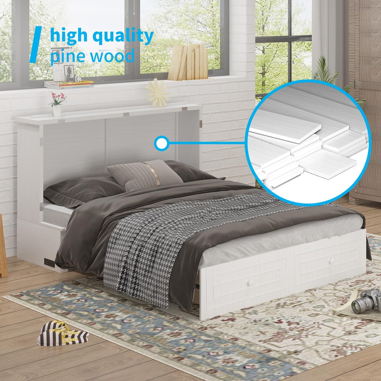 Mjkone Queen Size Murphy Bed Cabinet with Tri-Folding Mattress Included, Chest Cabinets Bed with USB Charging Station, Wall Beds with Storage Drawers for Guest Bedroom Apartment Office, White