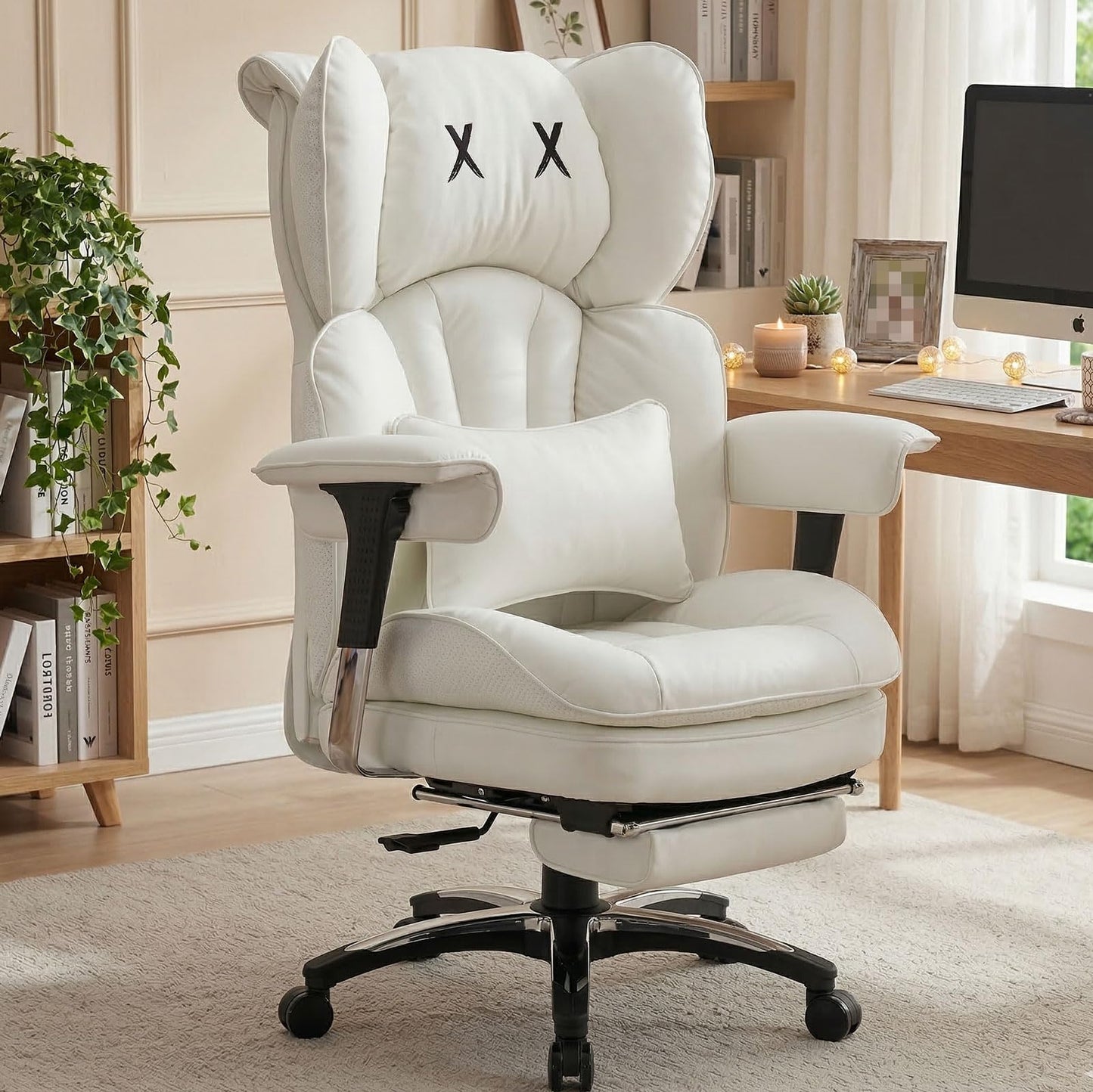Efomao Big and Tall Office Chair 400lbs Capacity, 24.4" Extra Wide Seat Heavy Duty White Desk Chair with Footrest, Oversized Executive Computer Chair with Adjustable Armrests for Home Office