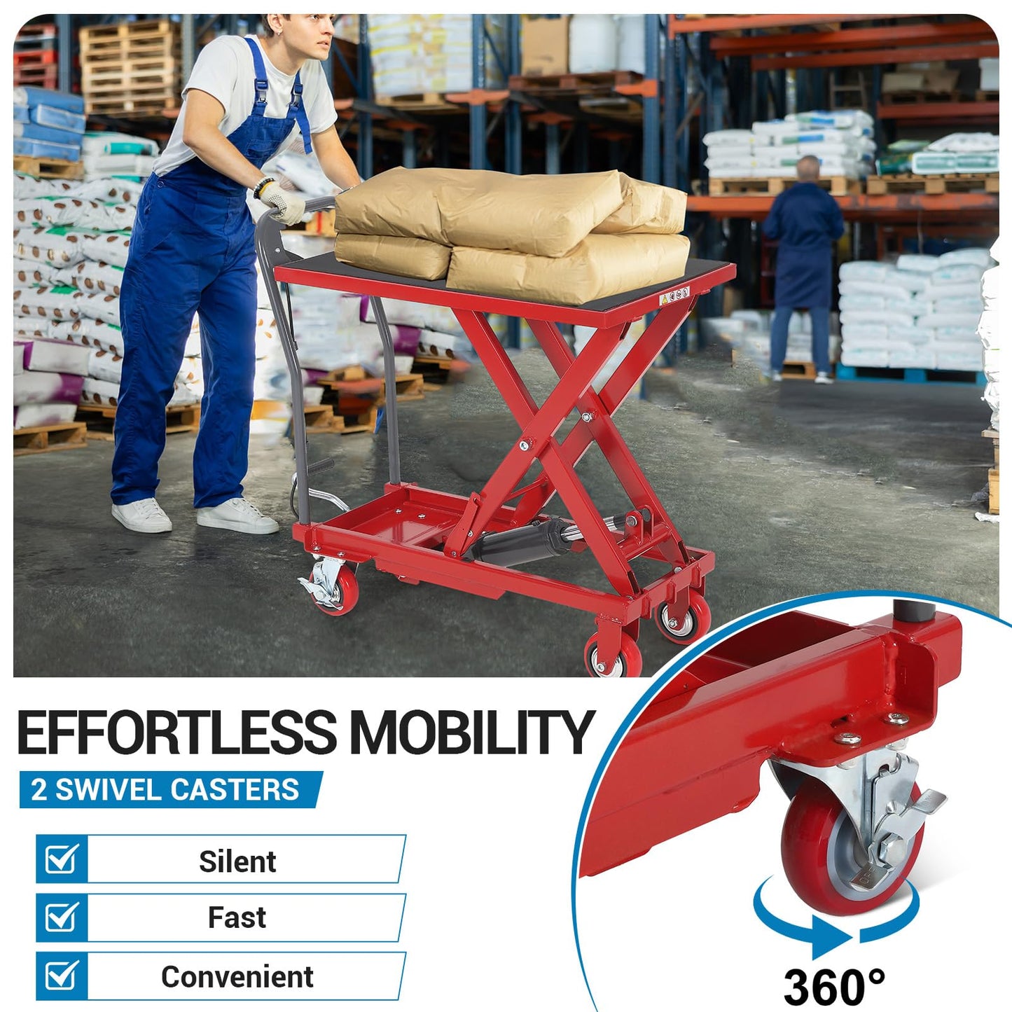 Hydraulic Lift Table Cart, 330lbs Capacity 28.5 in Lifting Height Hydraulic Table Cart, Single Scissor Lift Table with Non-Slip Pad for Material Handling and Transportation, Red