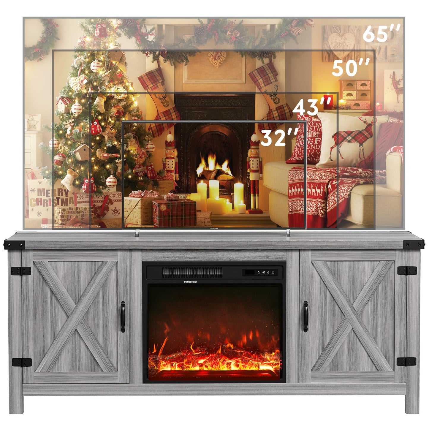 YESHOMY Fireplace TV Stand with Two Barn Doors and Storage Cabinets for Televisions up to 65+ Inch, Entertainment Center Console Table, Media Furniture for Living Room, 58 Inch, Gray