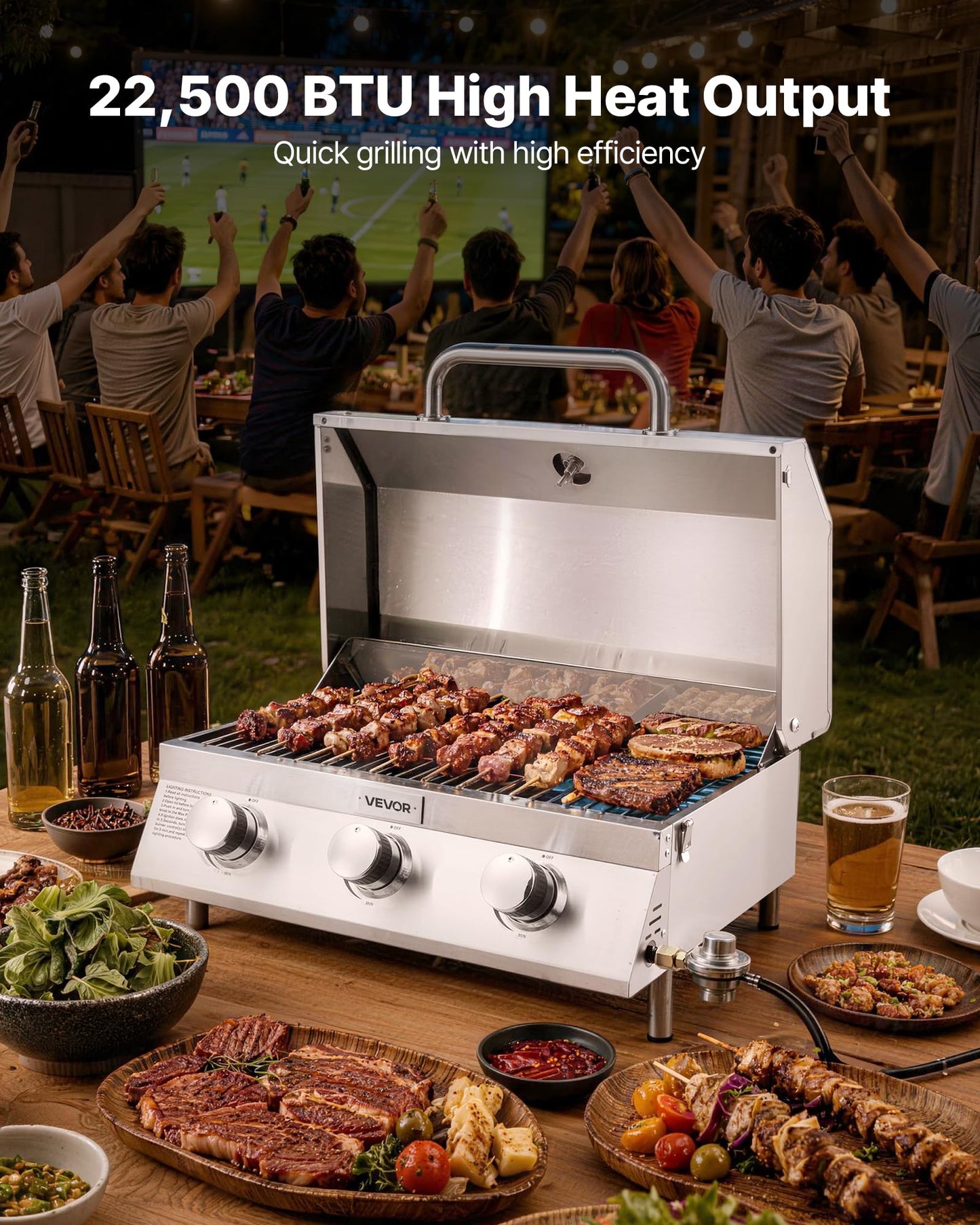 VEVOR Tabletop Gas Grill, 3-Burner Stainless Steel Portable Propane Grill, with Built-in Thermometer, Travel Locks, Weatherproof Lid, 22,500 BTU Total, for Outdoor Cooking, Patio, Party, Camping, RV