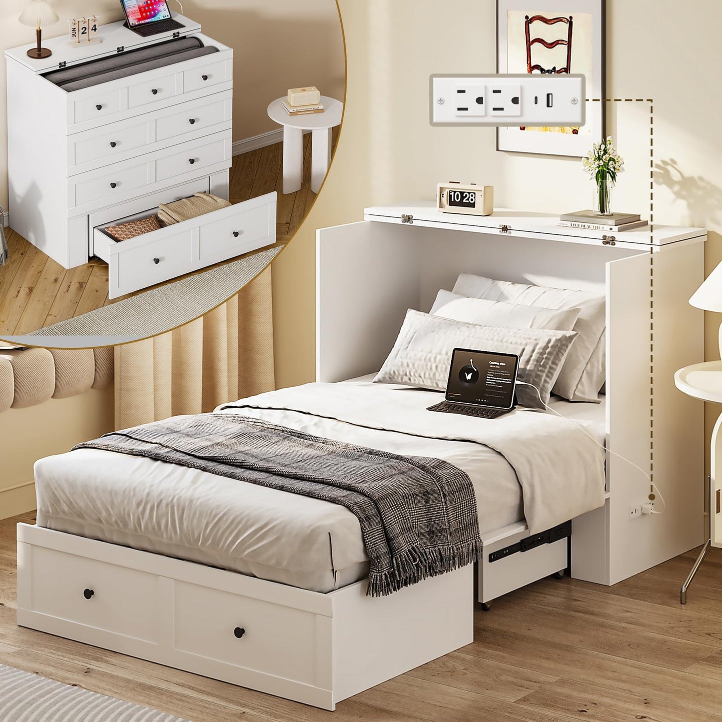 LIVAUVEAD Twin Murphy Bed with Built-in Charging Station, Space-Saving Murphy Bed Chest Twin with Drawer, Foldable, for Home Office Guest Room Bedroom White